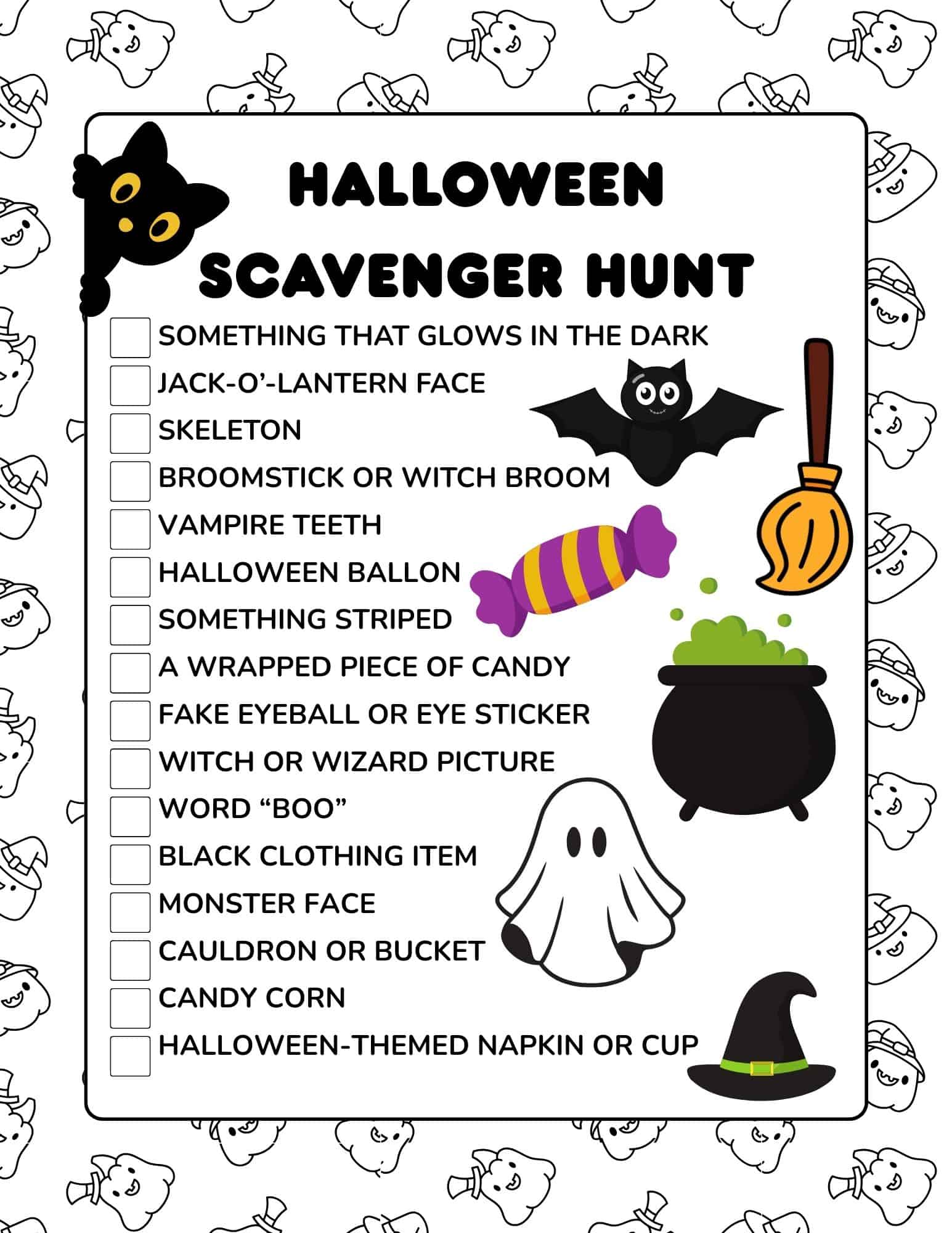 Halloween scavenger hunt items: glowing object, jack-o'-lantern face, skeleton, broomstick, vampire teeth, striped item, candy, fake eyeball, witch picture,
