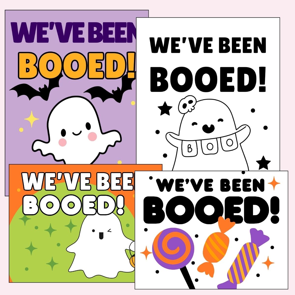 Free printable We've Been Booed door signs in five designs, including a coloring version and a candy design