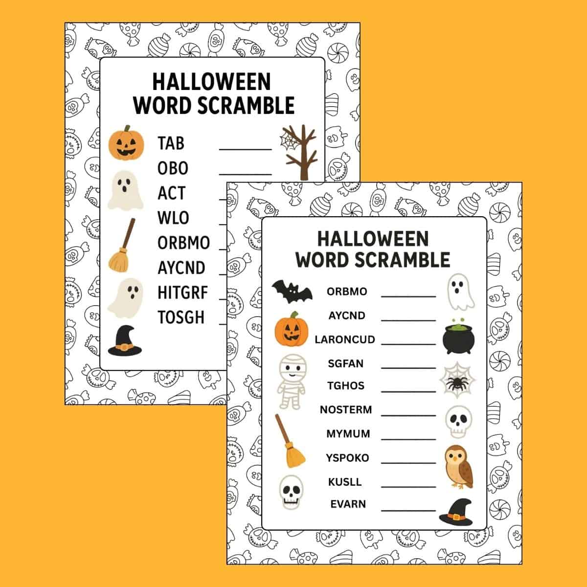 Jack-o'-lantern with Halloween word scramble and various Halloween-themed words.
