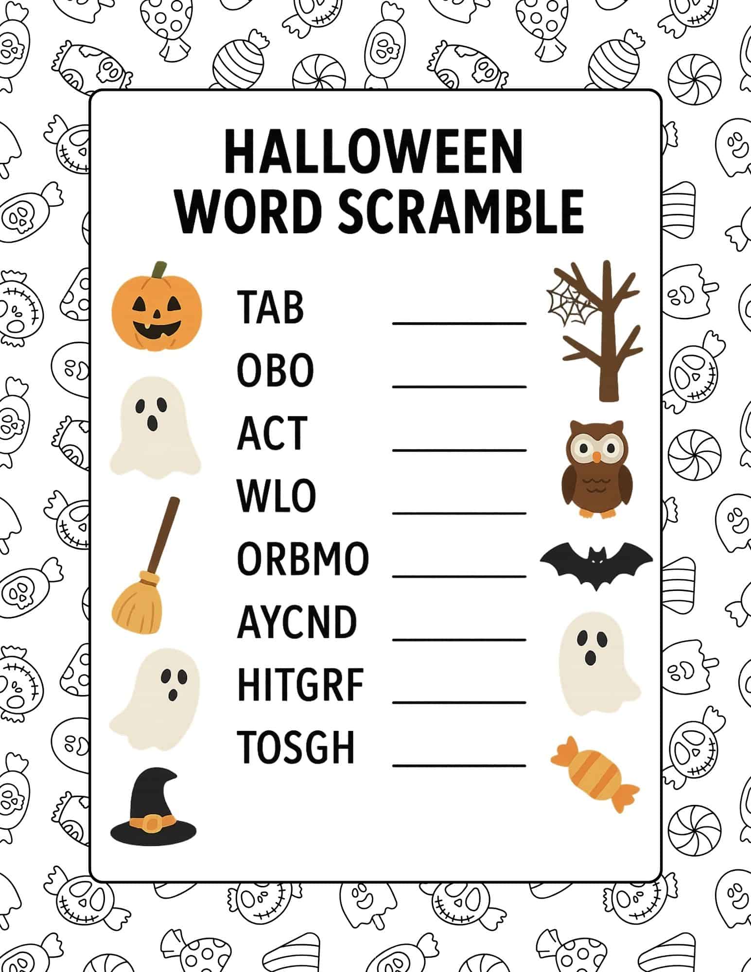 Halloween word scramble game with spooky words like bat, boo, cat, owl, broom, candy, fright, ghost.