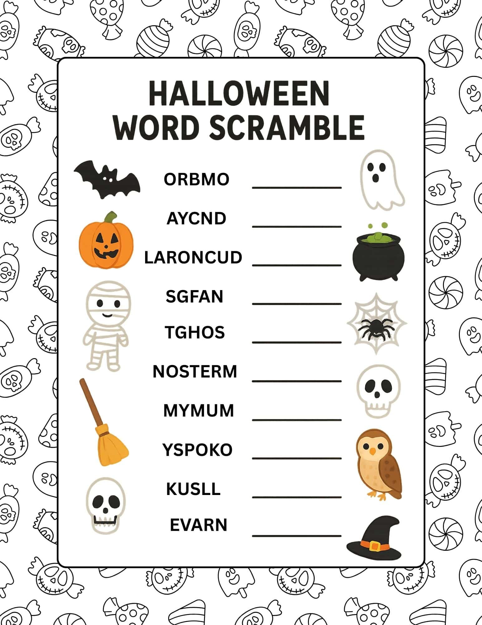 Halloween word scramble with jack-o'-lantern and spooky themed words.