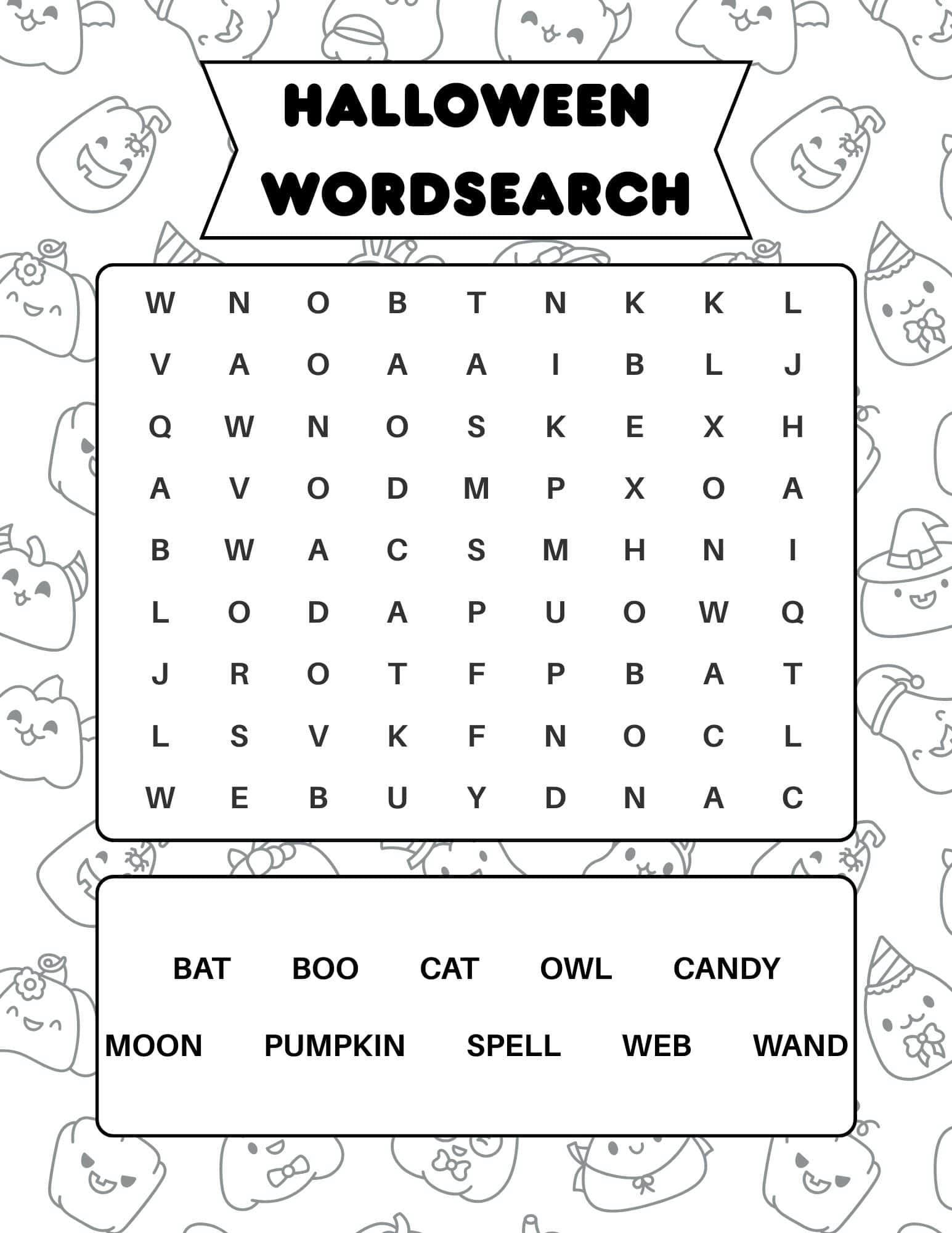 Halloween word search with words like bat, boo, cat, owl, candy, moon, pumpkin, spell web, wand.
