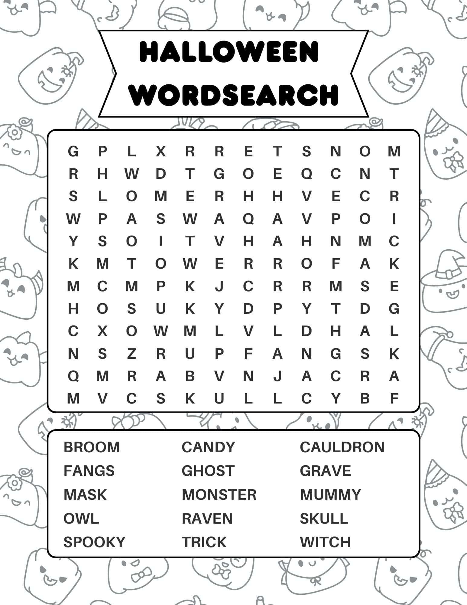 Halloween word search with spooky-themed words like ghost, witch, skull, and candy.