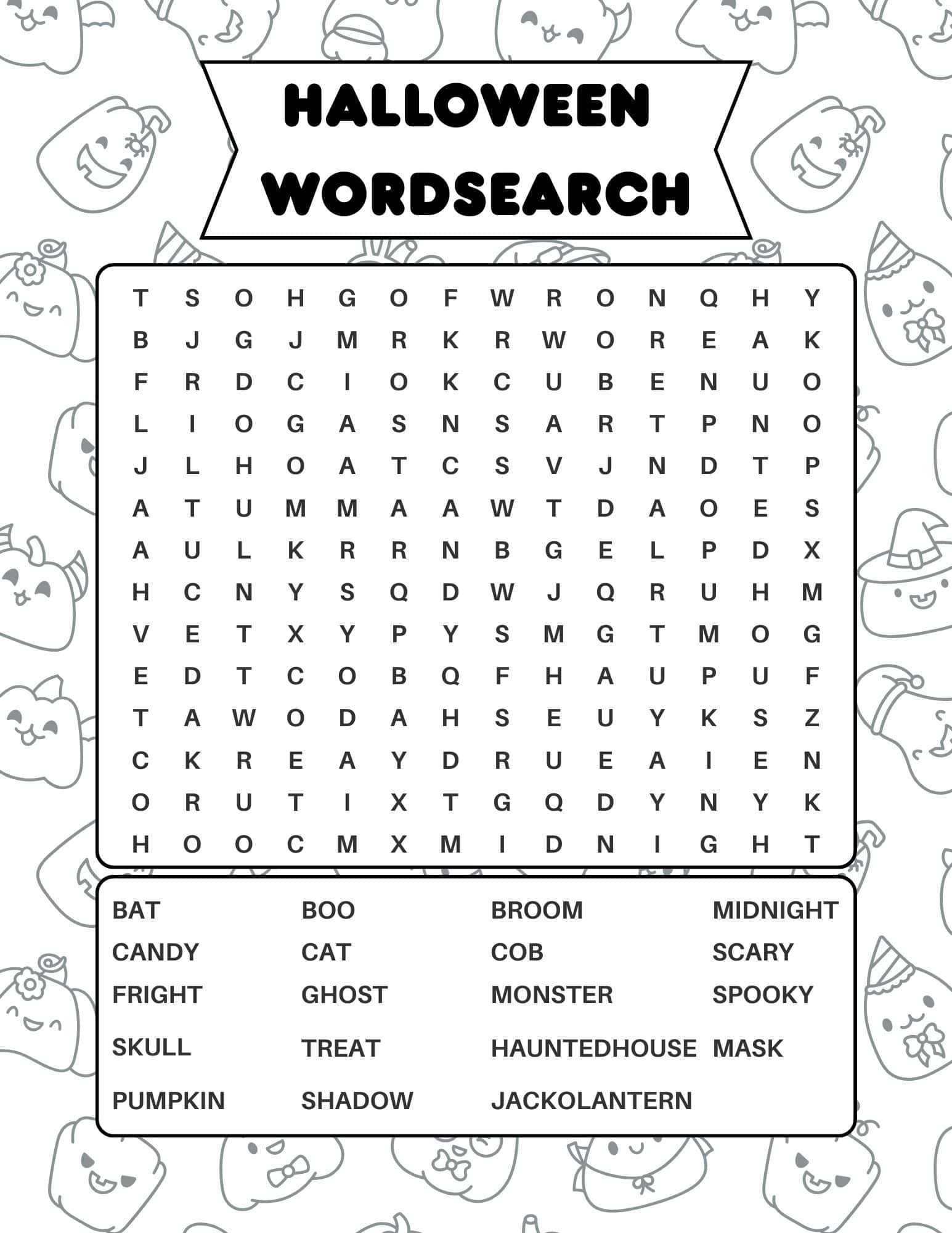 Halloween word search with spooky and festive words like ghost, pumpkin, candy, and more.