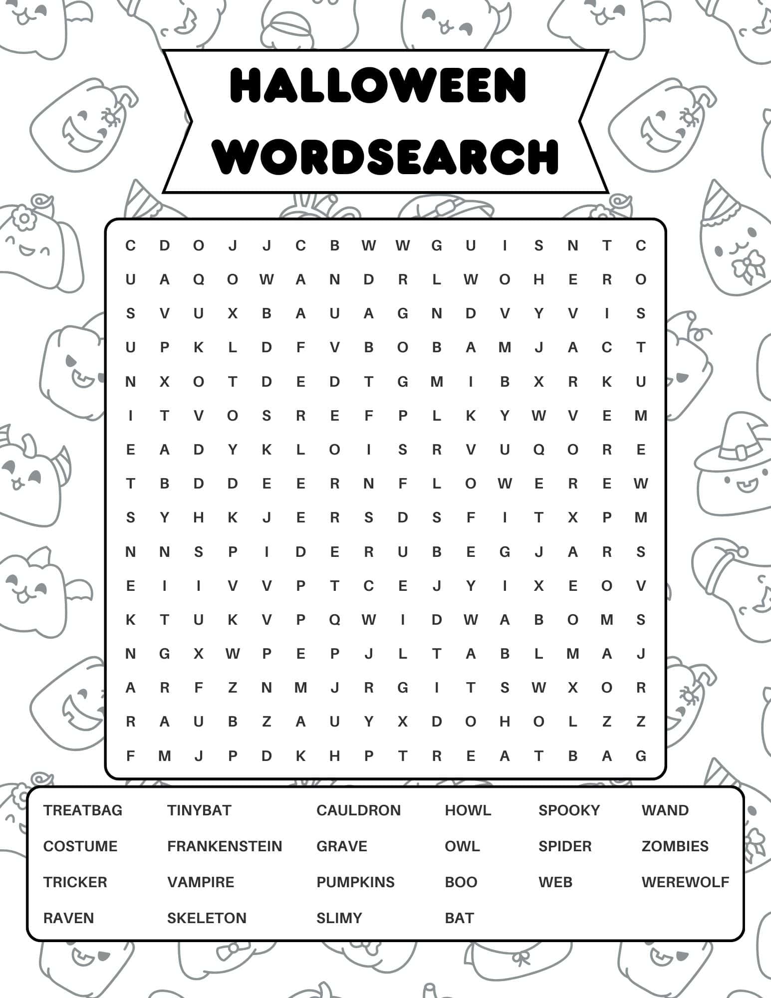 Halloween word search with spooky-themed words like treat bag, tiny bat, cauldron, and more.