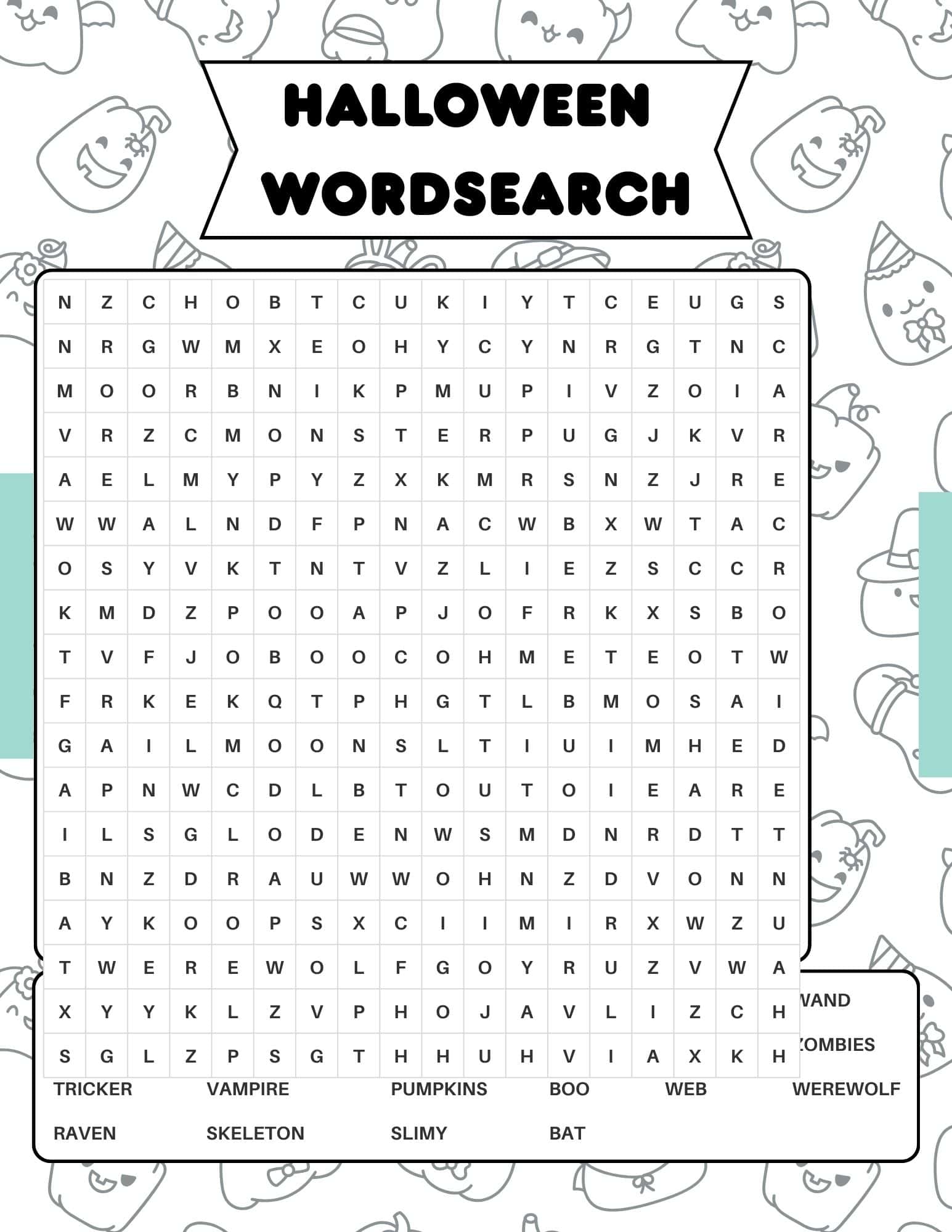 Halloween word search with spooky themed words like monster, pumpkin, vampire, skeleton, and werewolf.