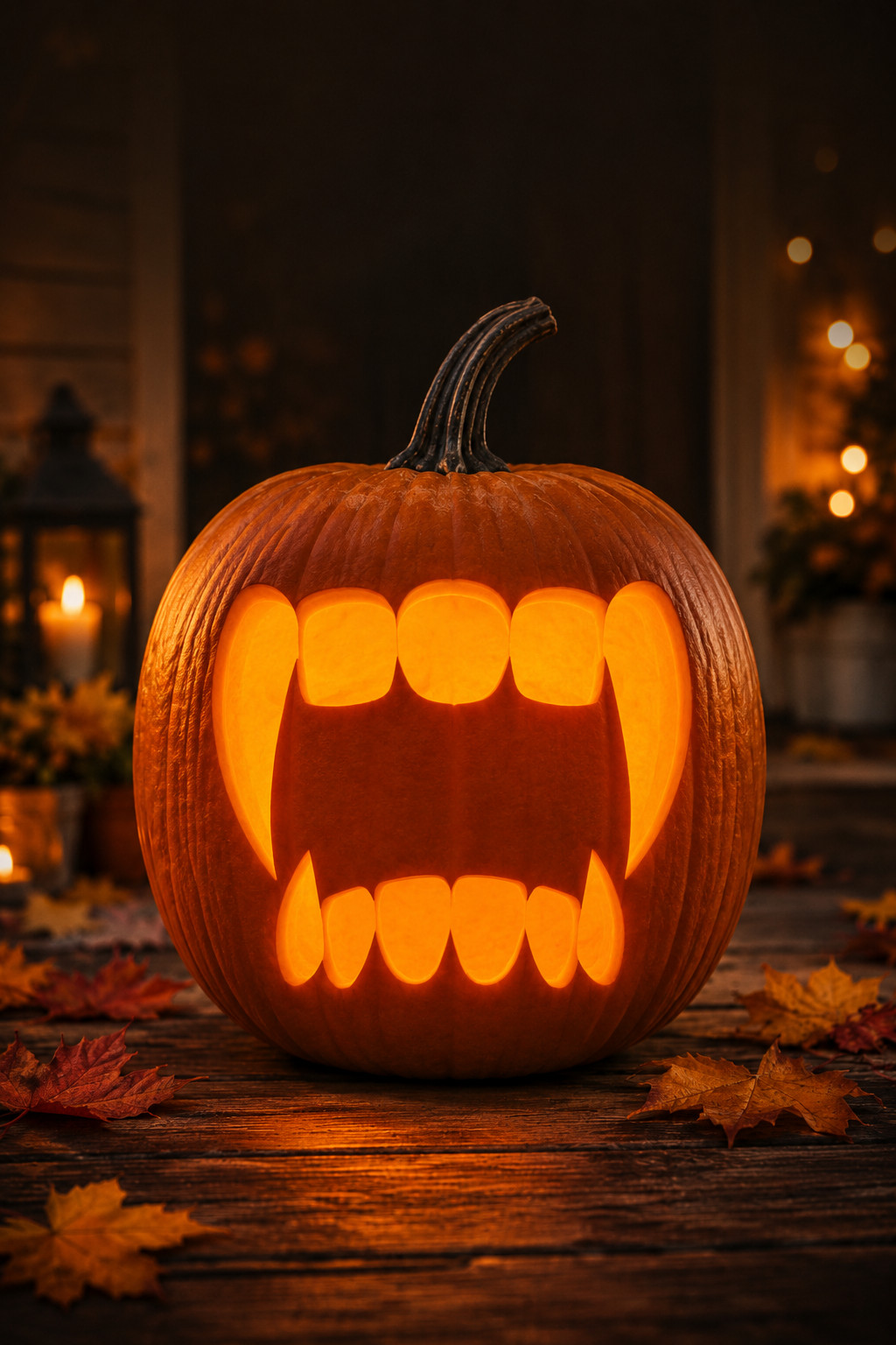 Vampire fangs carved into a lit pumpkin using a printable stencil