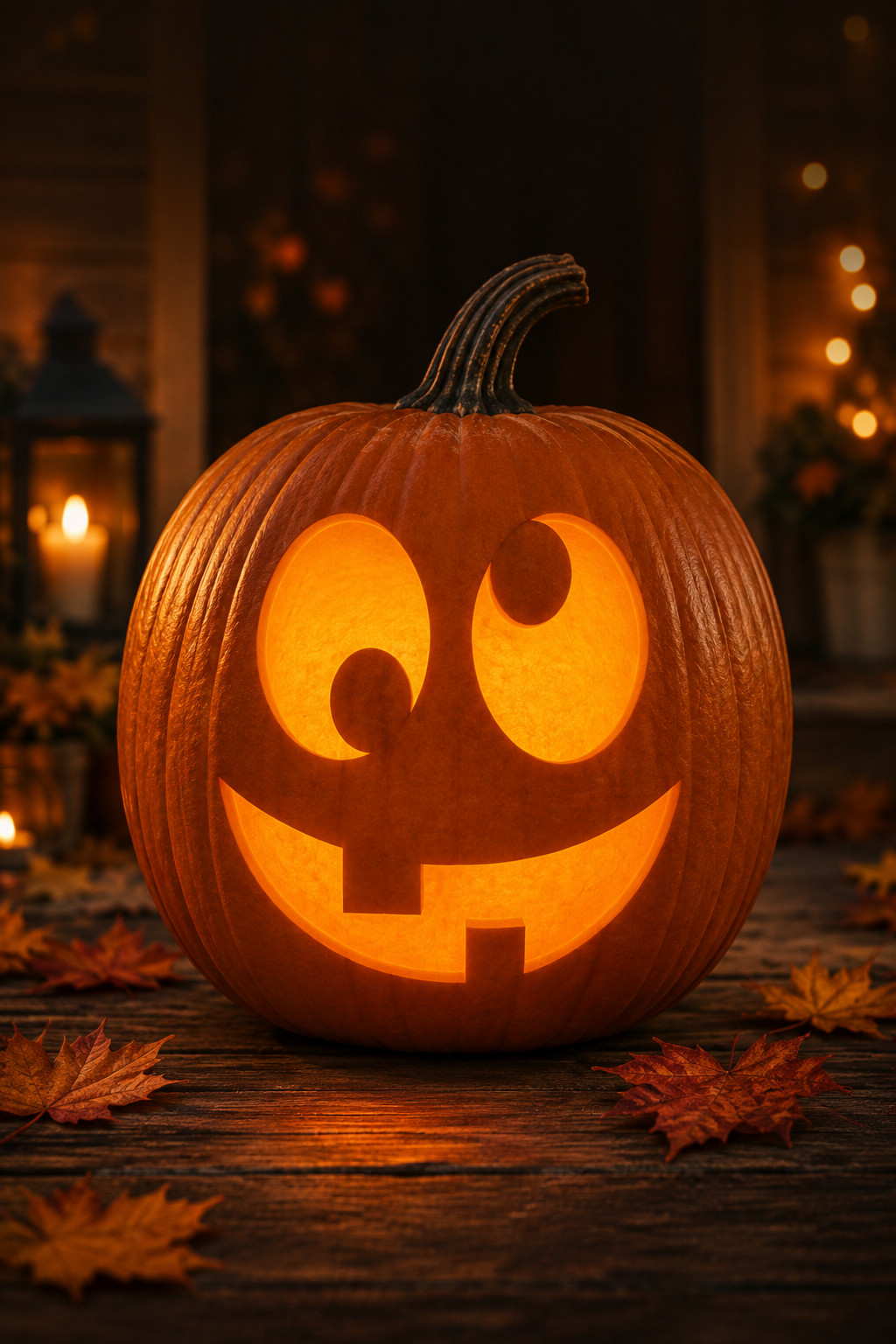 Friendly round-eyed monster face carved into a lit jack-o'-lantern