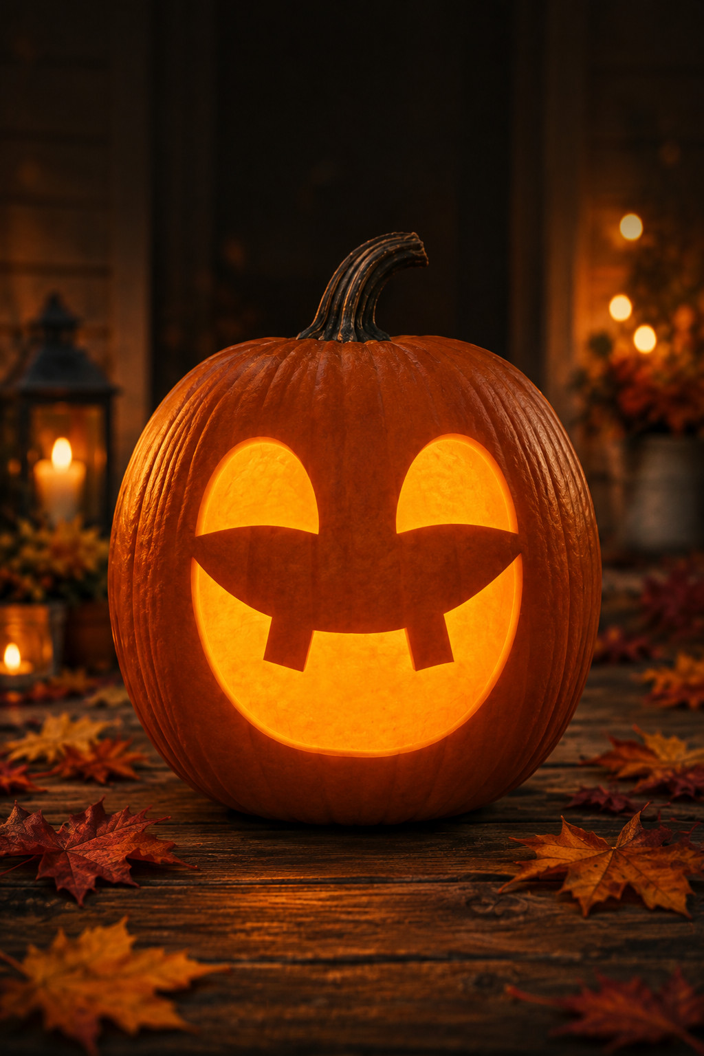 Grinning jack-o'-lantern with fangs carved from a printable stencil