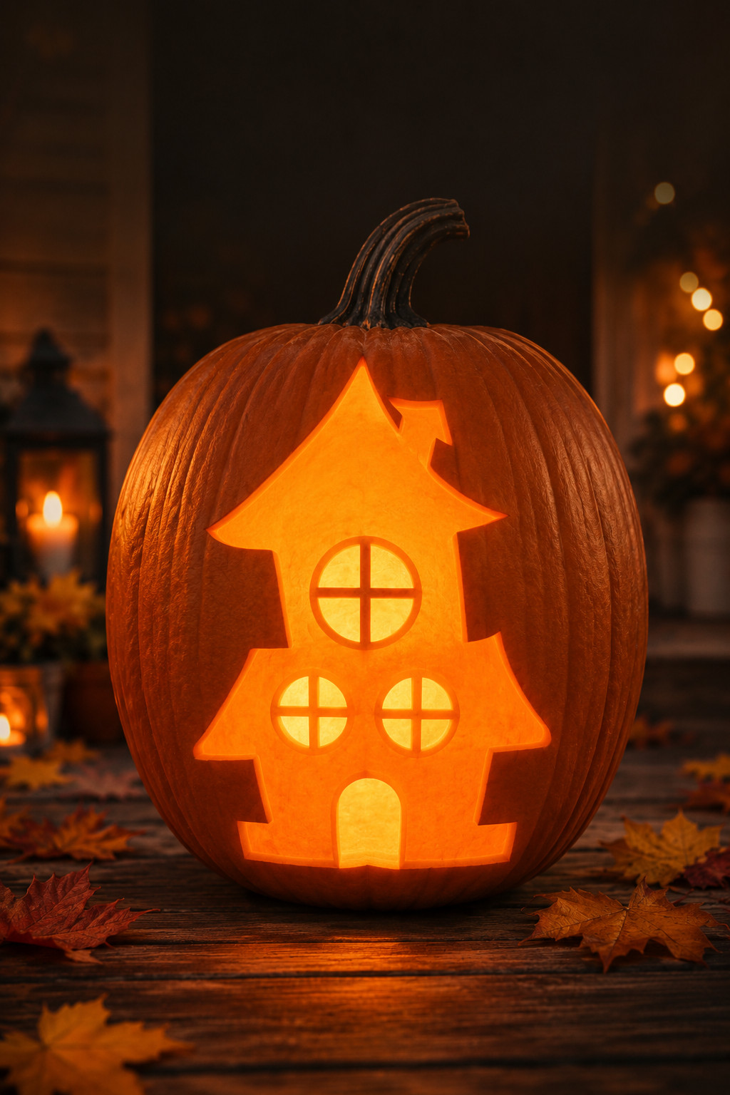 Haunted house carved into a lit jack-o'-lantern from a stencil