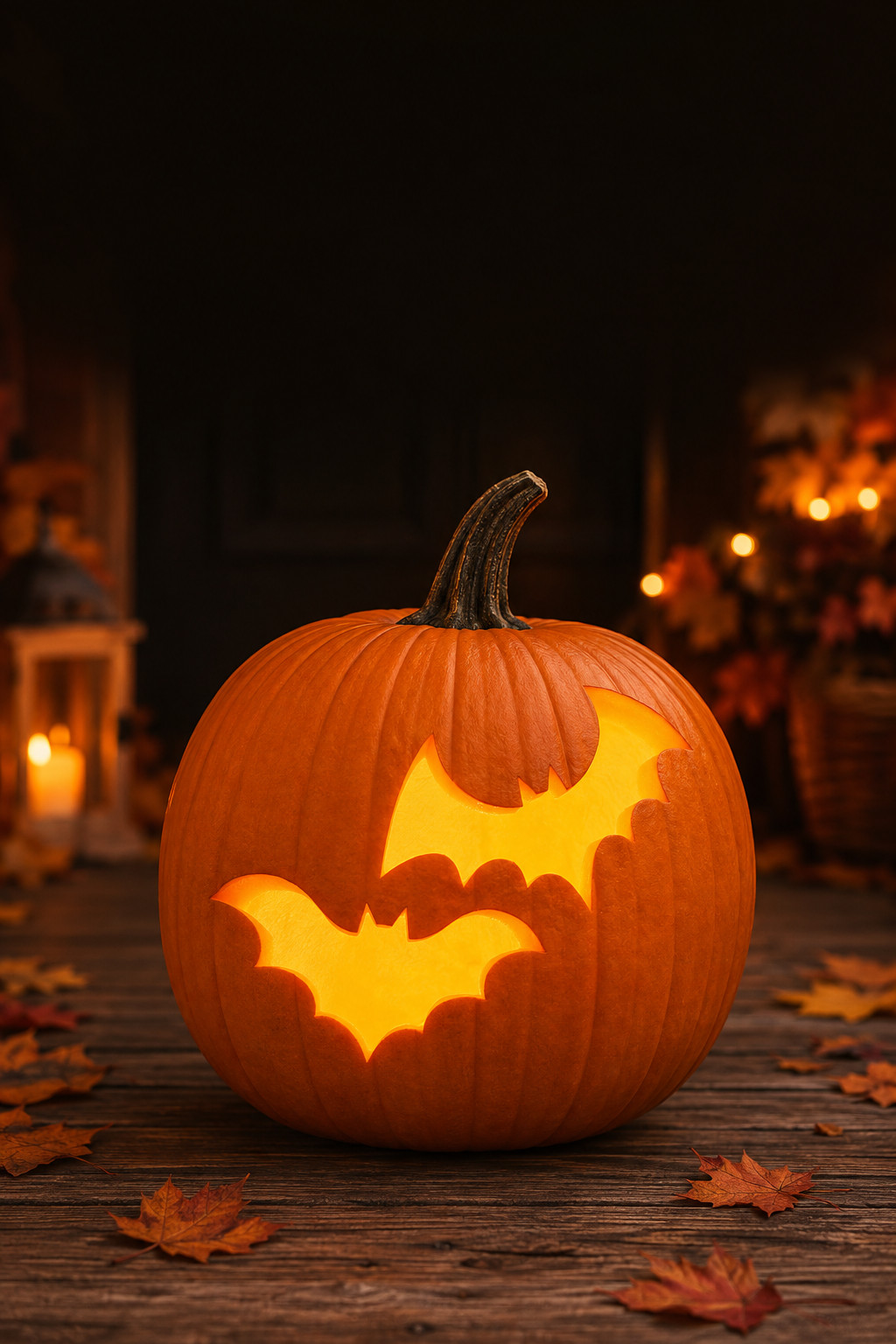 Two bats carved into a lit pumpkin using an easy printable stencil
