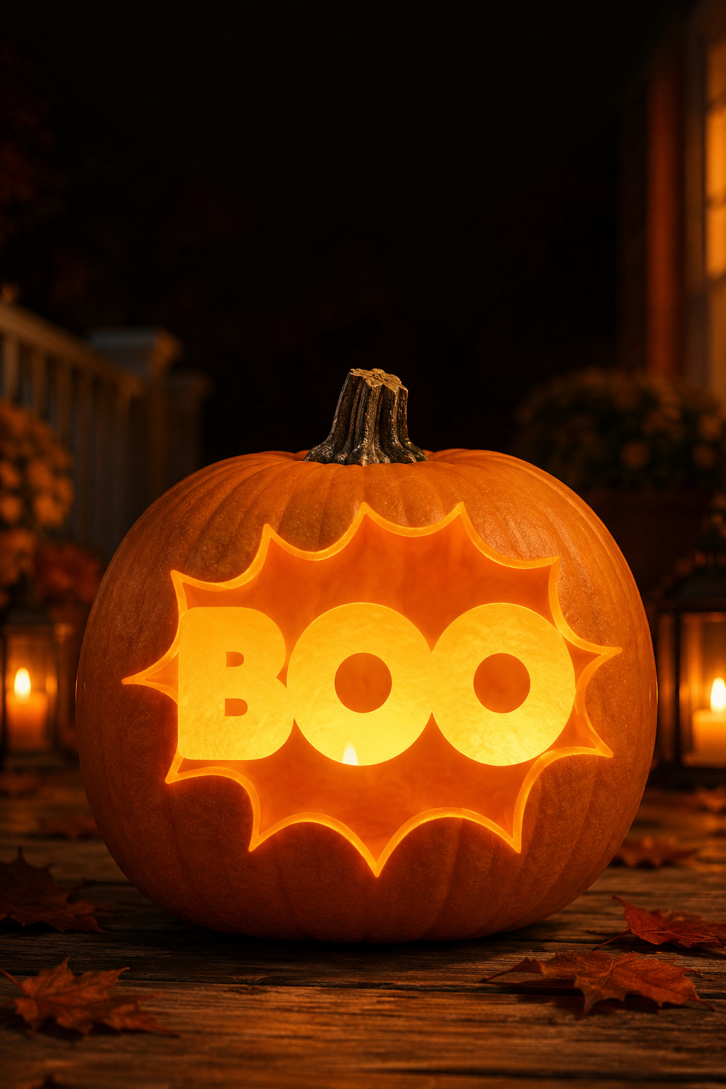 BOO lettering carved into a lit jack-o'-lantern from a stencil