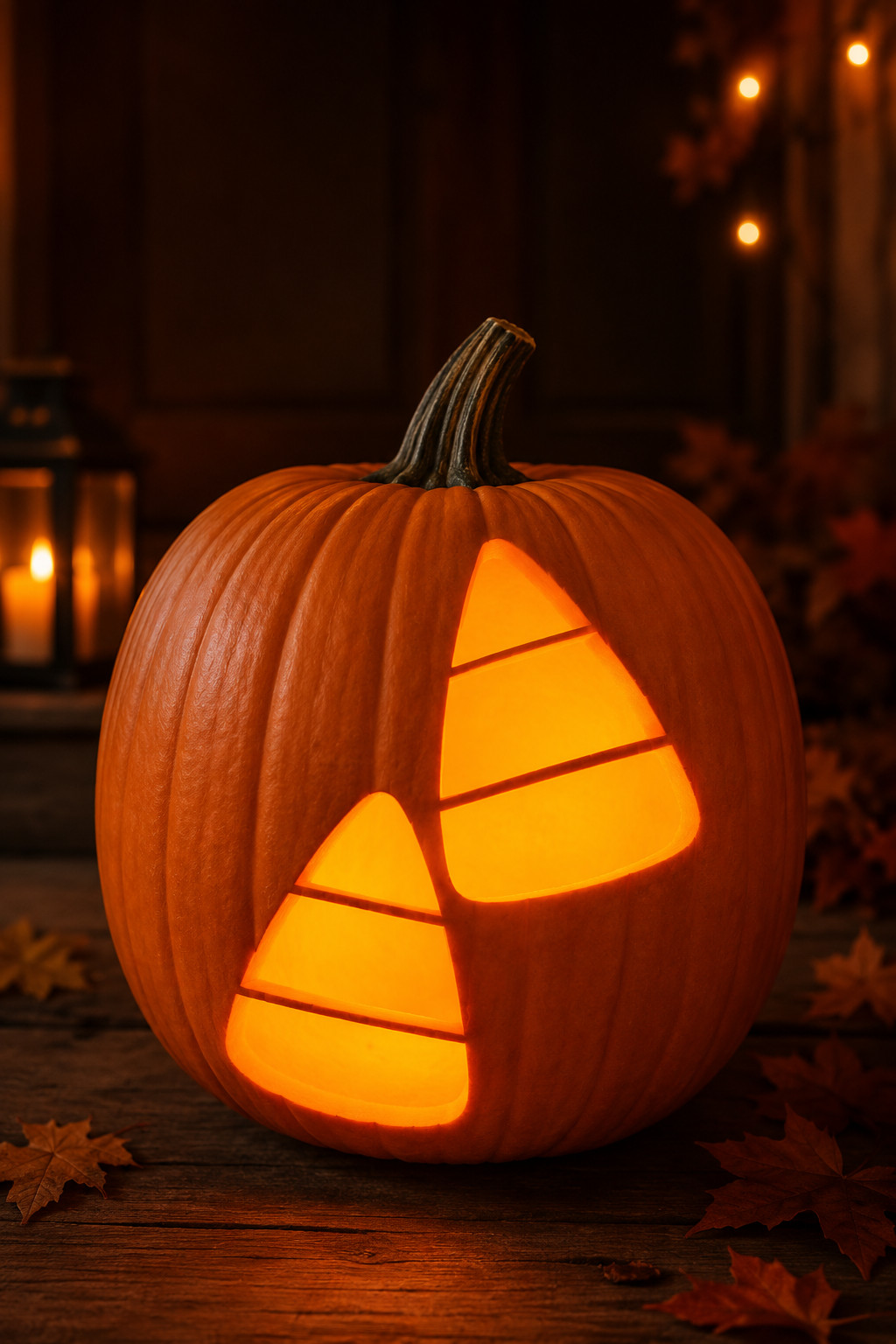 Candy corn carved into a lit pumpkin using a printable stencil