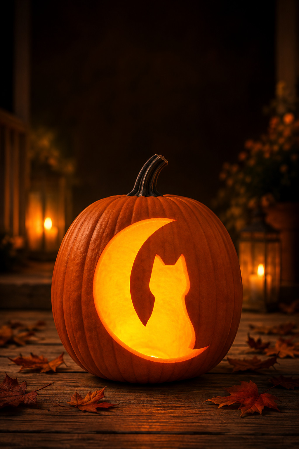 Cat and moon carved into a lit jack-o'-lantern from a cute stencil