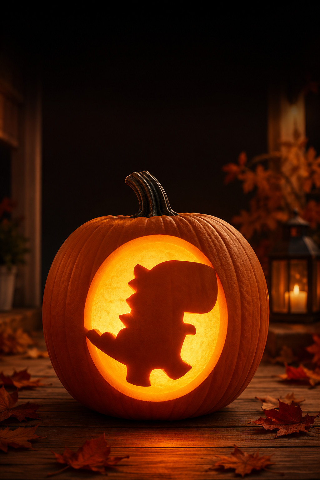 Dinosaur carved into a lit pumpkin using an easy printable stencil