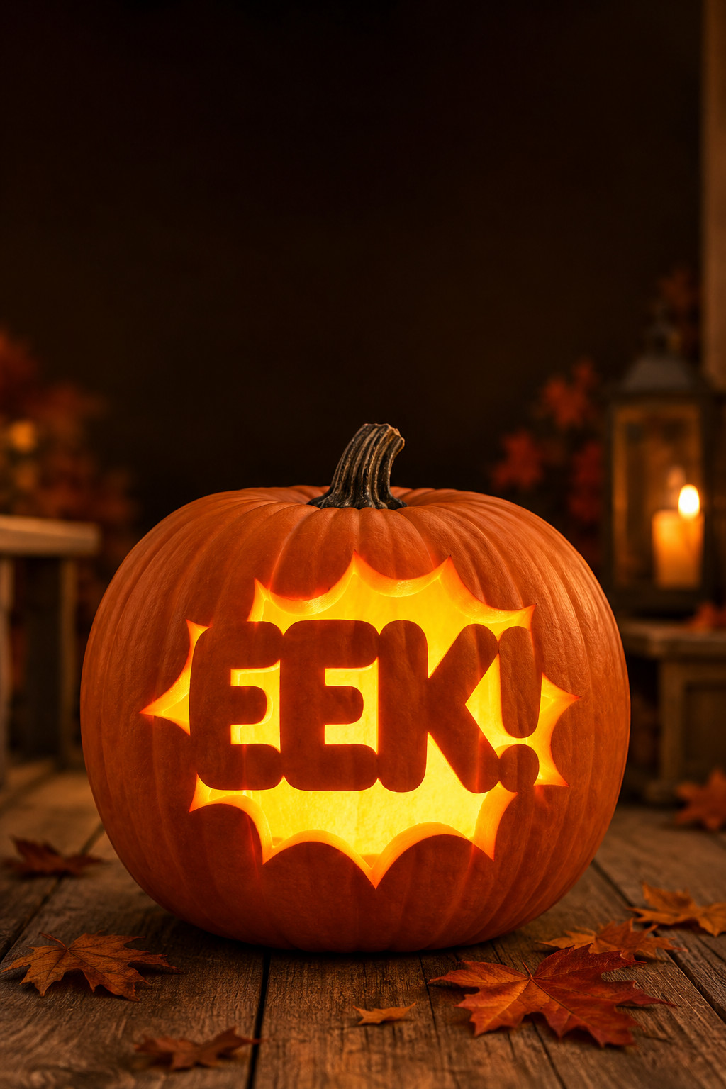 EEK! lettering carved into a lit jack-o'-lantern from a stencil