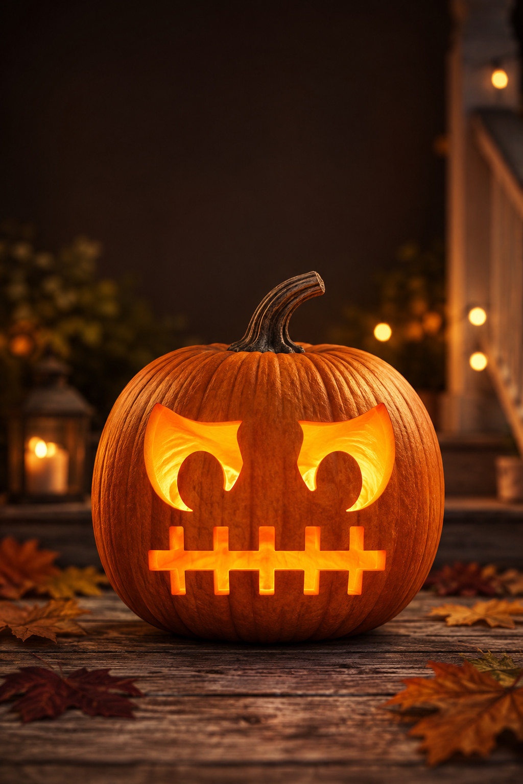 Grumpy stitched-mouth monster carved into a lit pumpkin from a stencil