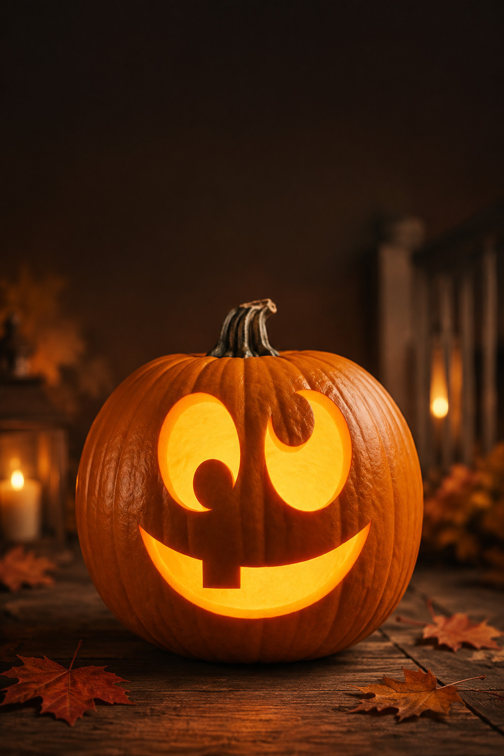 Happy crescent-eye jack-o'-lantern carved from a beginner stencil