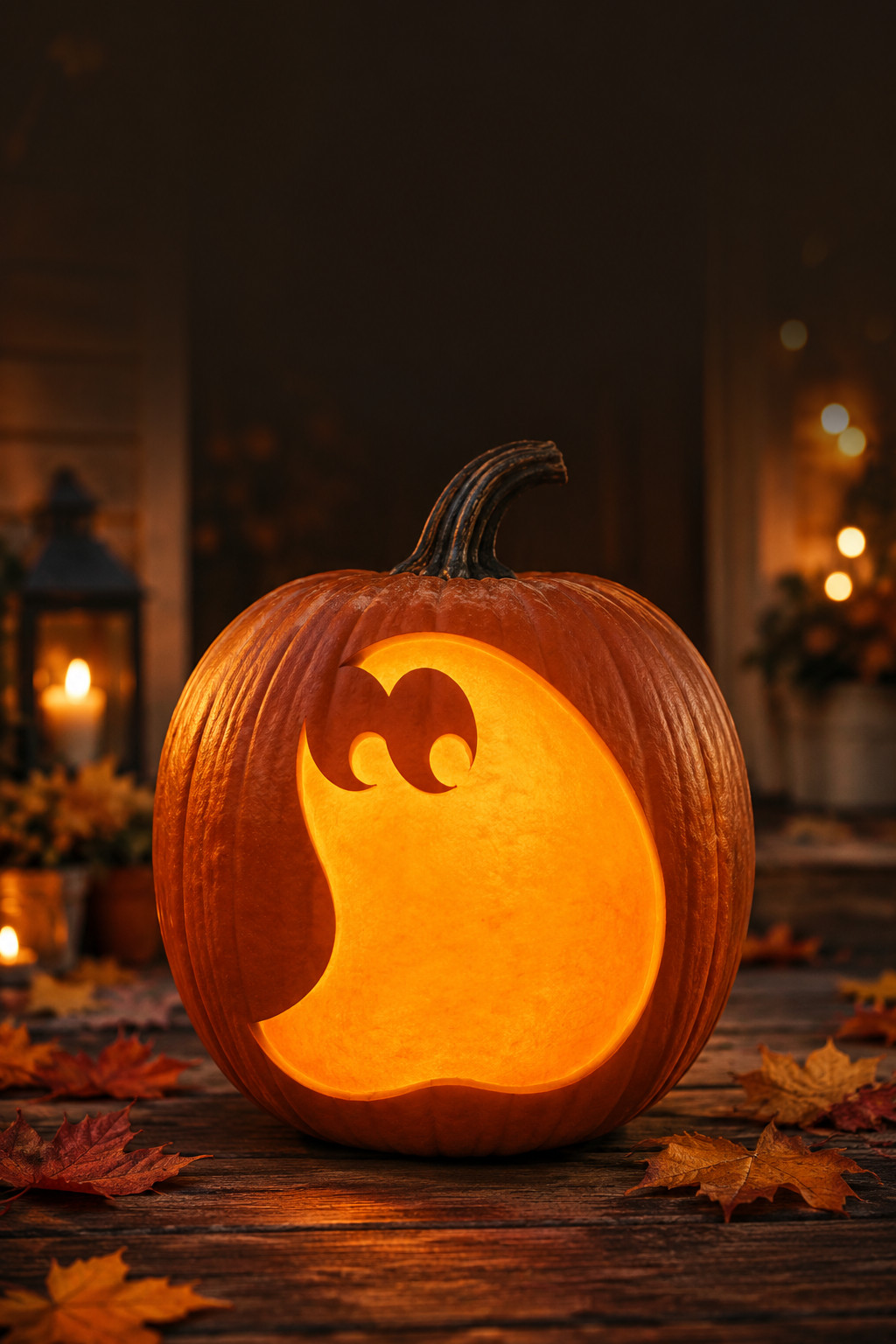 Ghost carved into a lit jack-o'-lantern using a beginner-friendly stencil