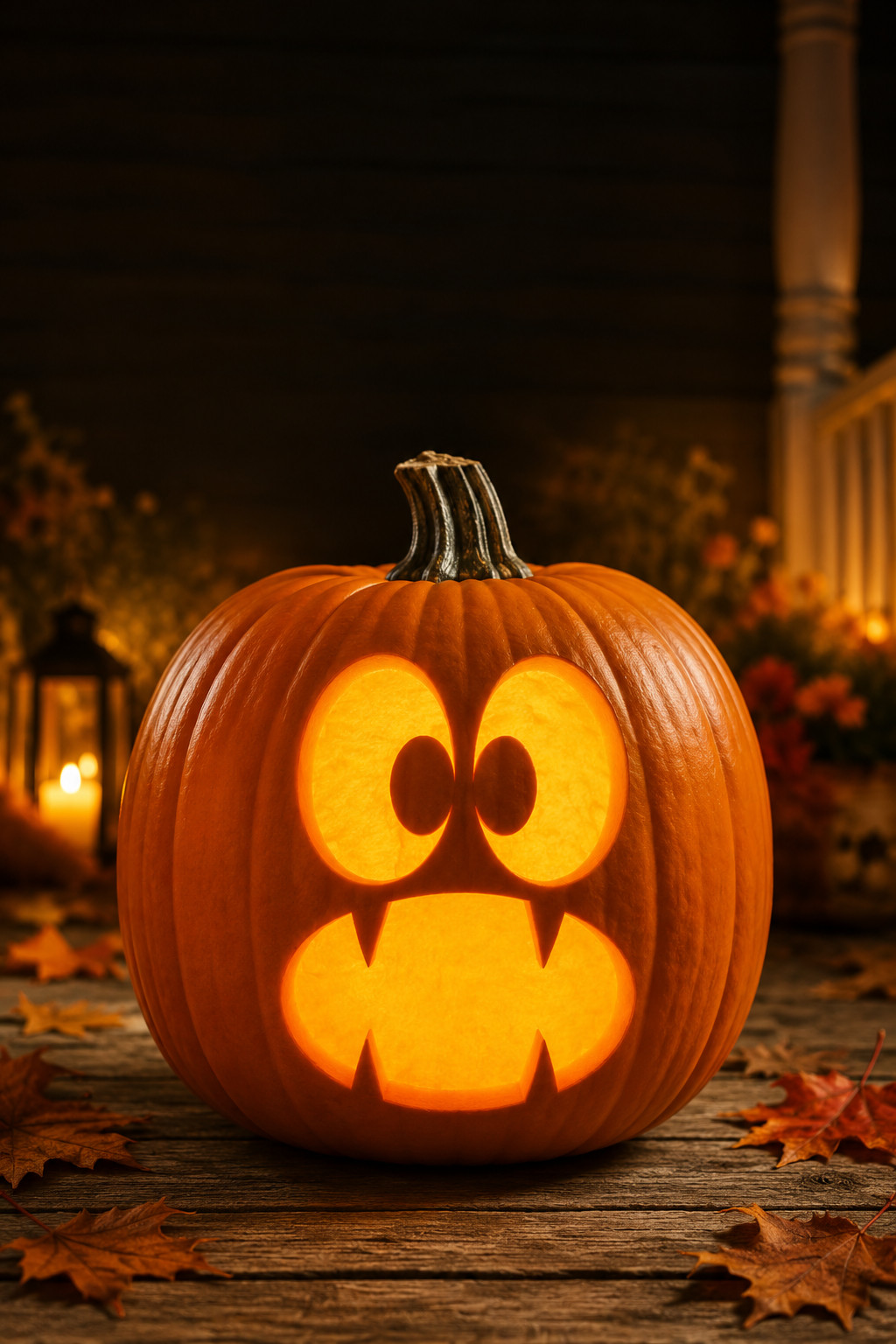 Big-eyed fanged monster carved into a lit pumpkin from a printable stencil
