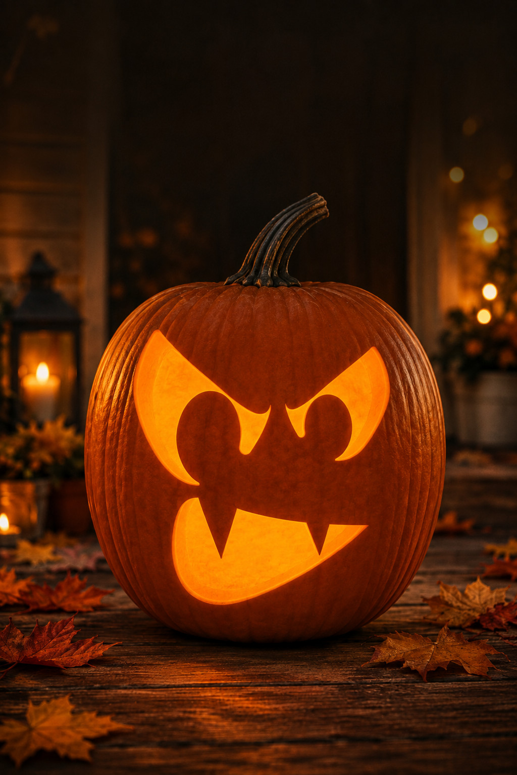 Scary fanged face carved into a lit jack-o'-lantern using a stencil