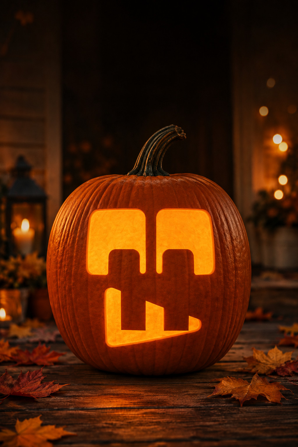 Blocky robot-style face carved into a lit pumpkin from a stencil