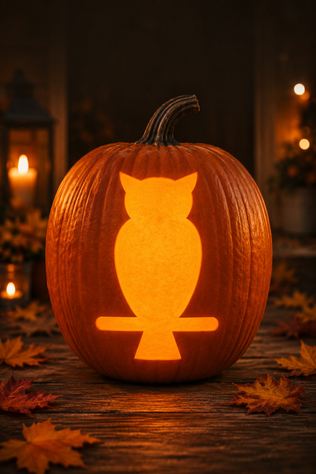 Owl carved into a lit jack-o'-lantern using a printable stencil