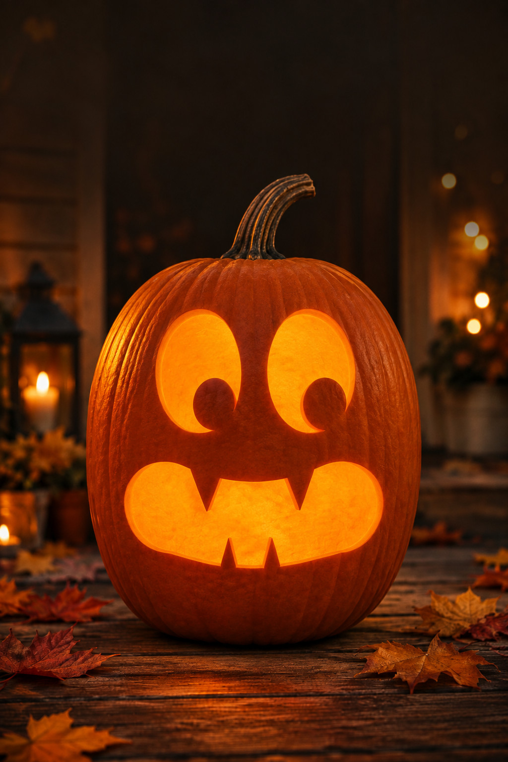 Friendly fanged monster face carved into a lit pumpkin from a stencil