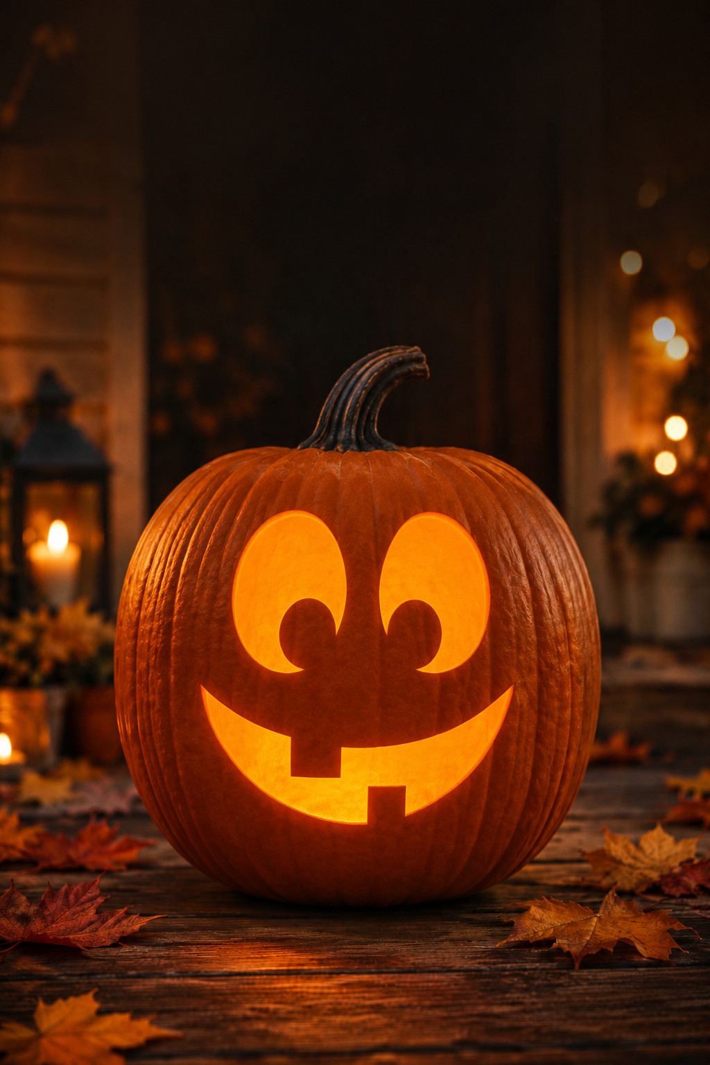 Happy jack-o'-lantern face carved from an easy printable stencil