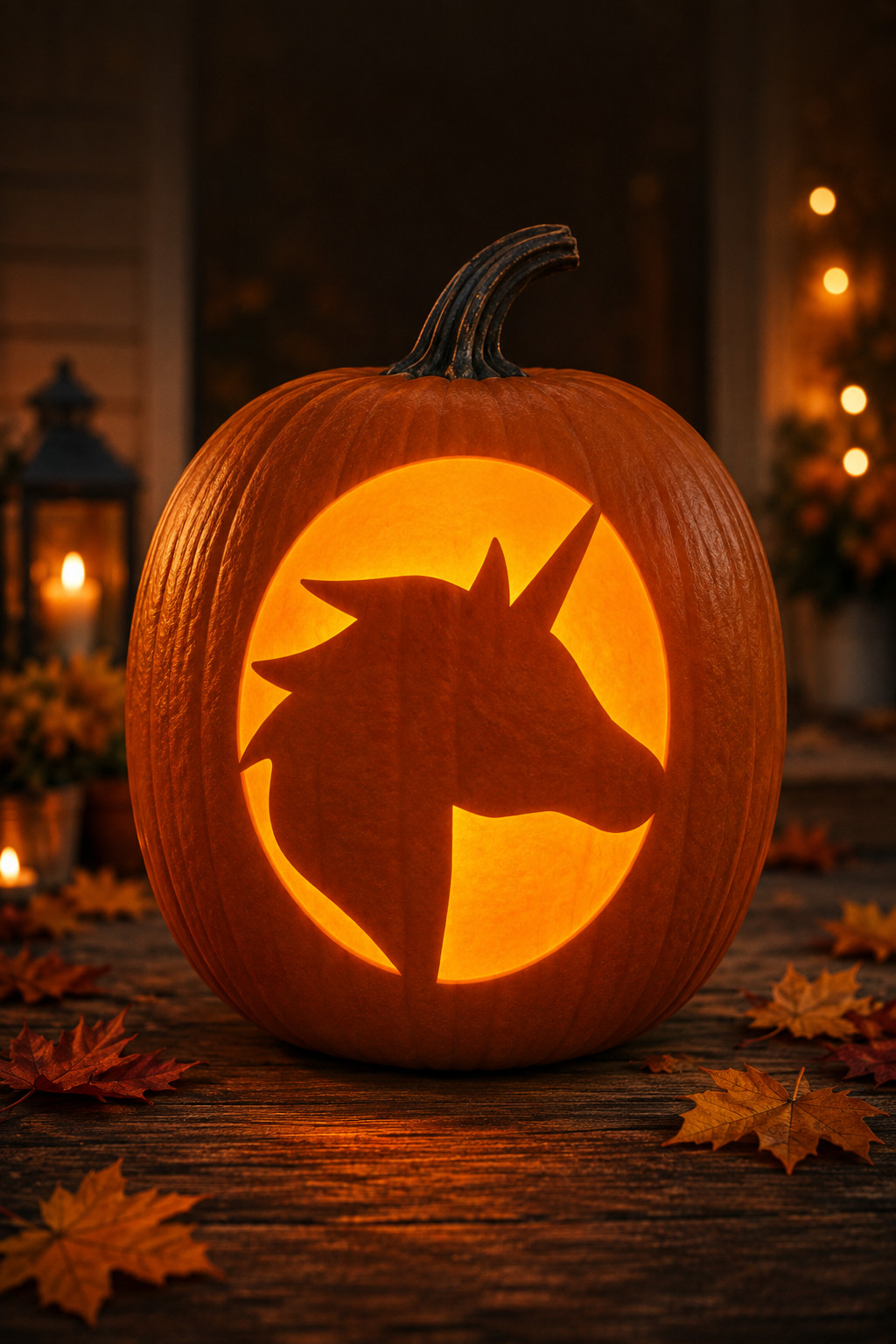 Unicorn carved into a lit jack-o'-lantern using a cute stencil