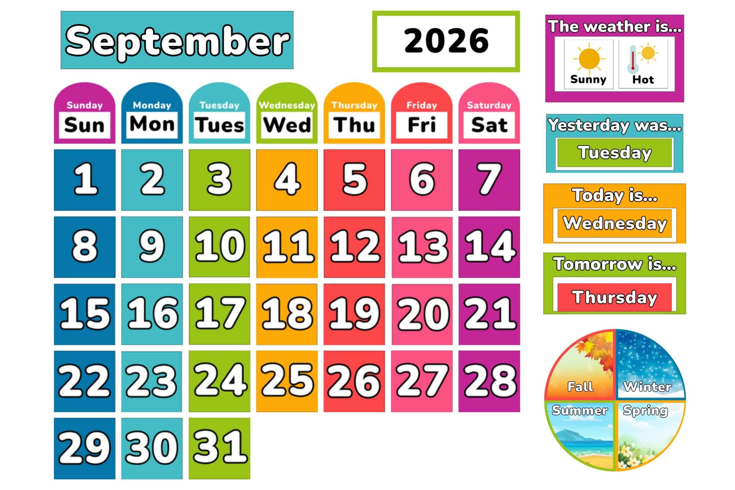 Rainbow classroom calendar mockup for September 2026.