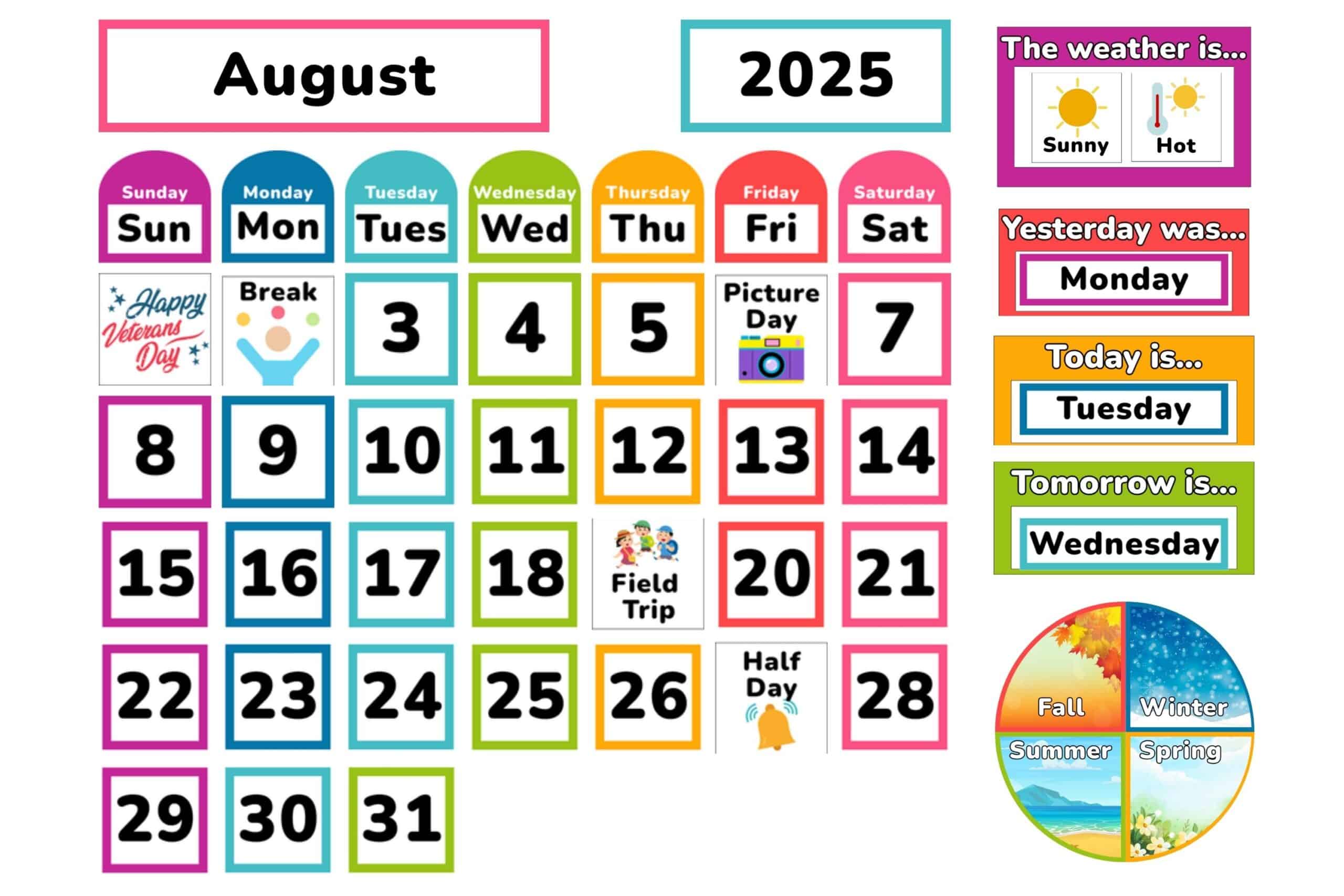 Rainbow colored printable classroom bulletin board calendar with outlined months and numbers.