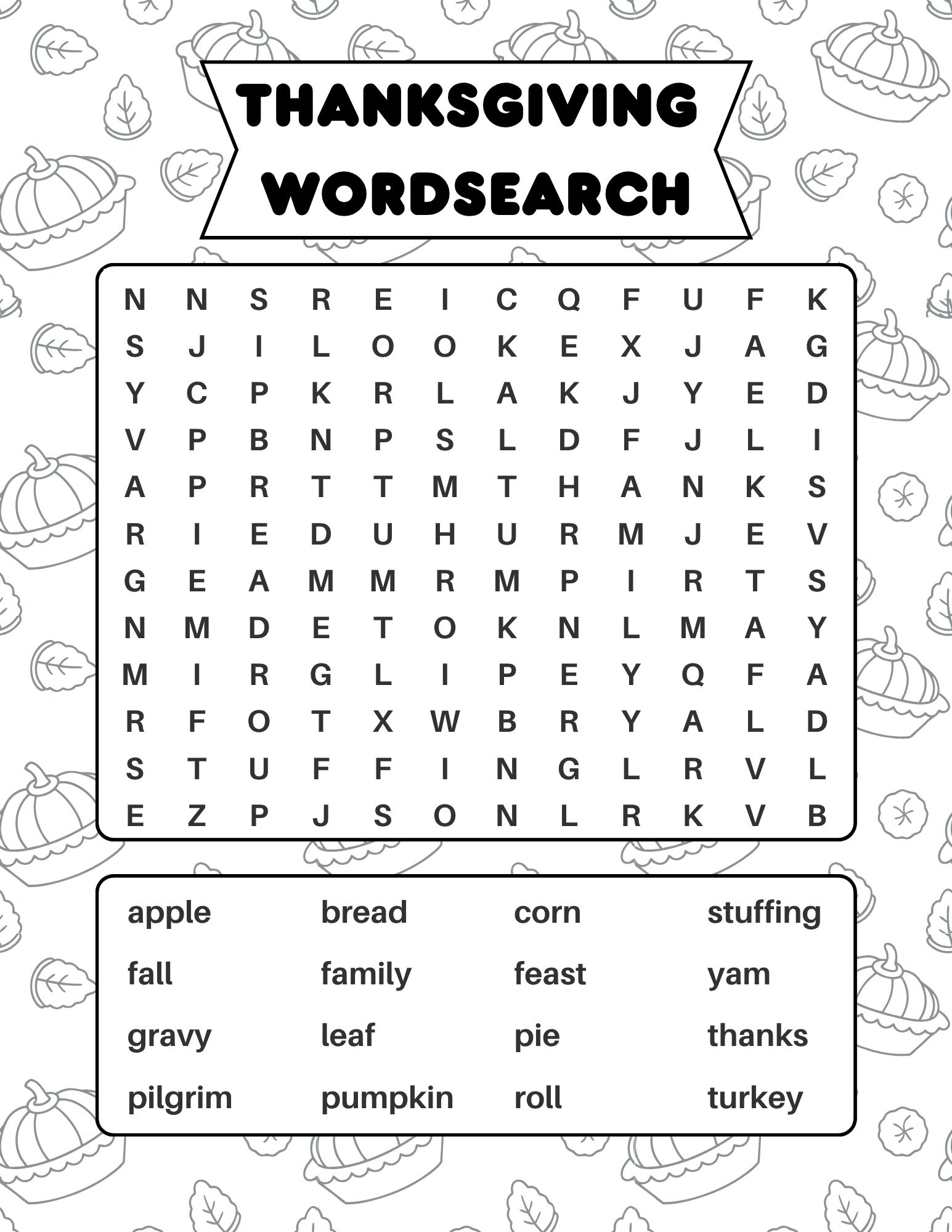 Thanksgiving word search printable with 16 words including gravy, feast, pilgrim and stuffing