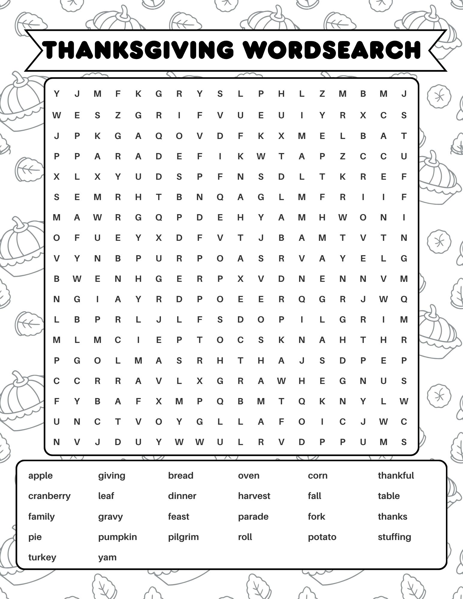 Thanksgiving word search with 21 words including cranberry, parade, potato and harvest