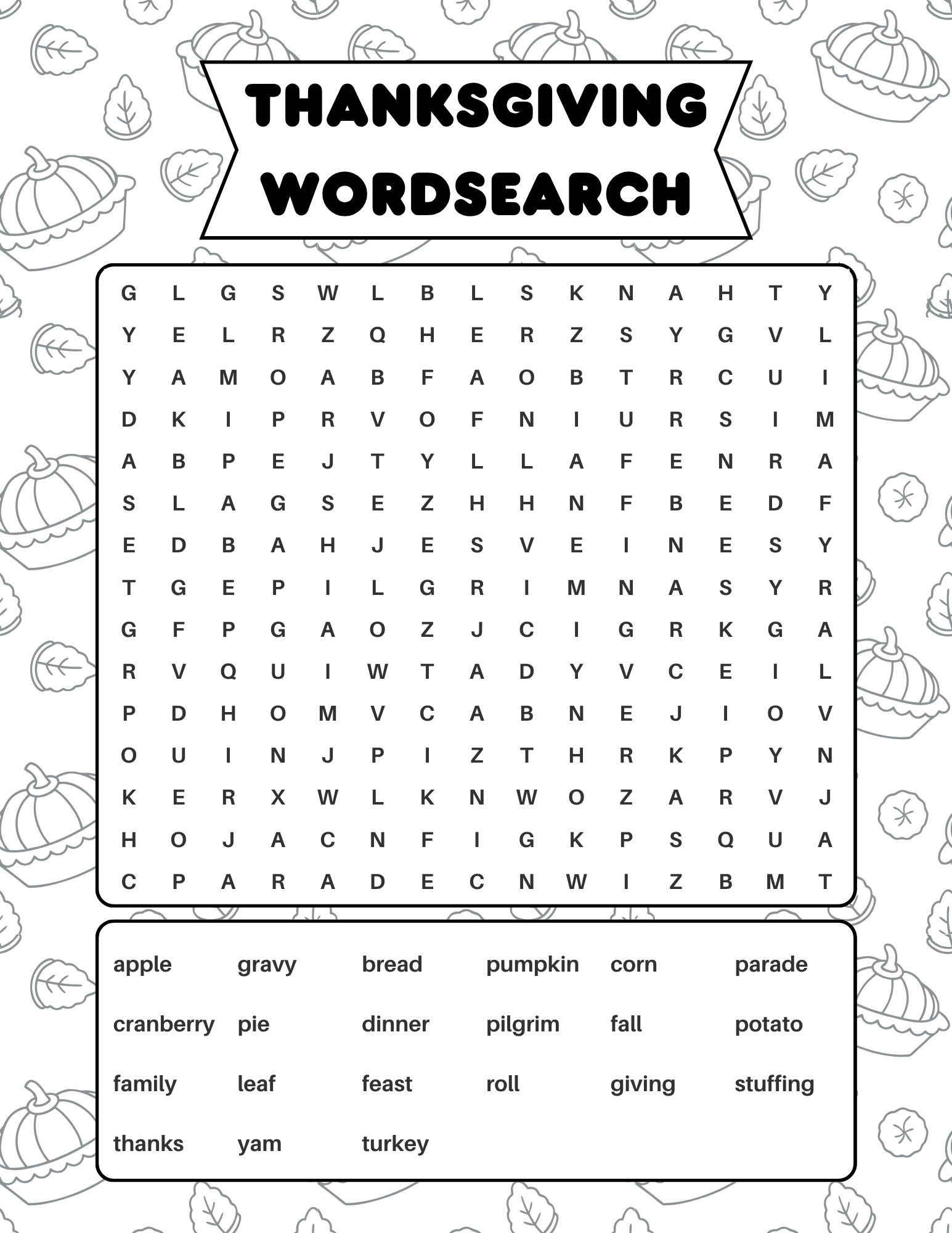 Thanksgiving word search printable with 16 words including gravy, feast, pilgrim and stuffing