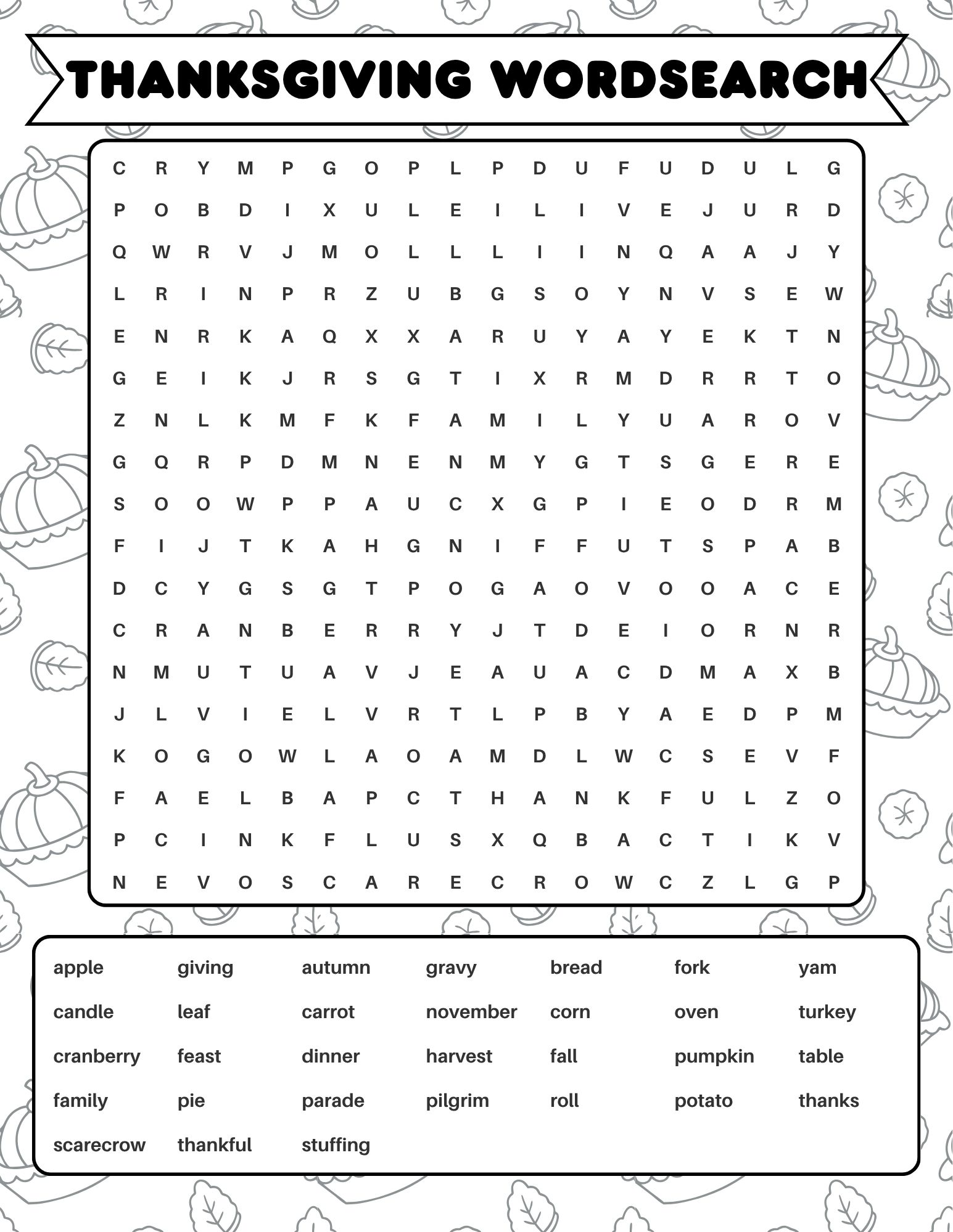 Hardest Thanksgiving word search, 33 words including scarecrow, autumn, november and carrot