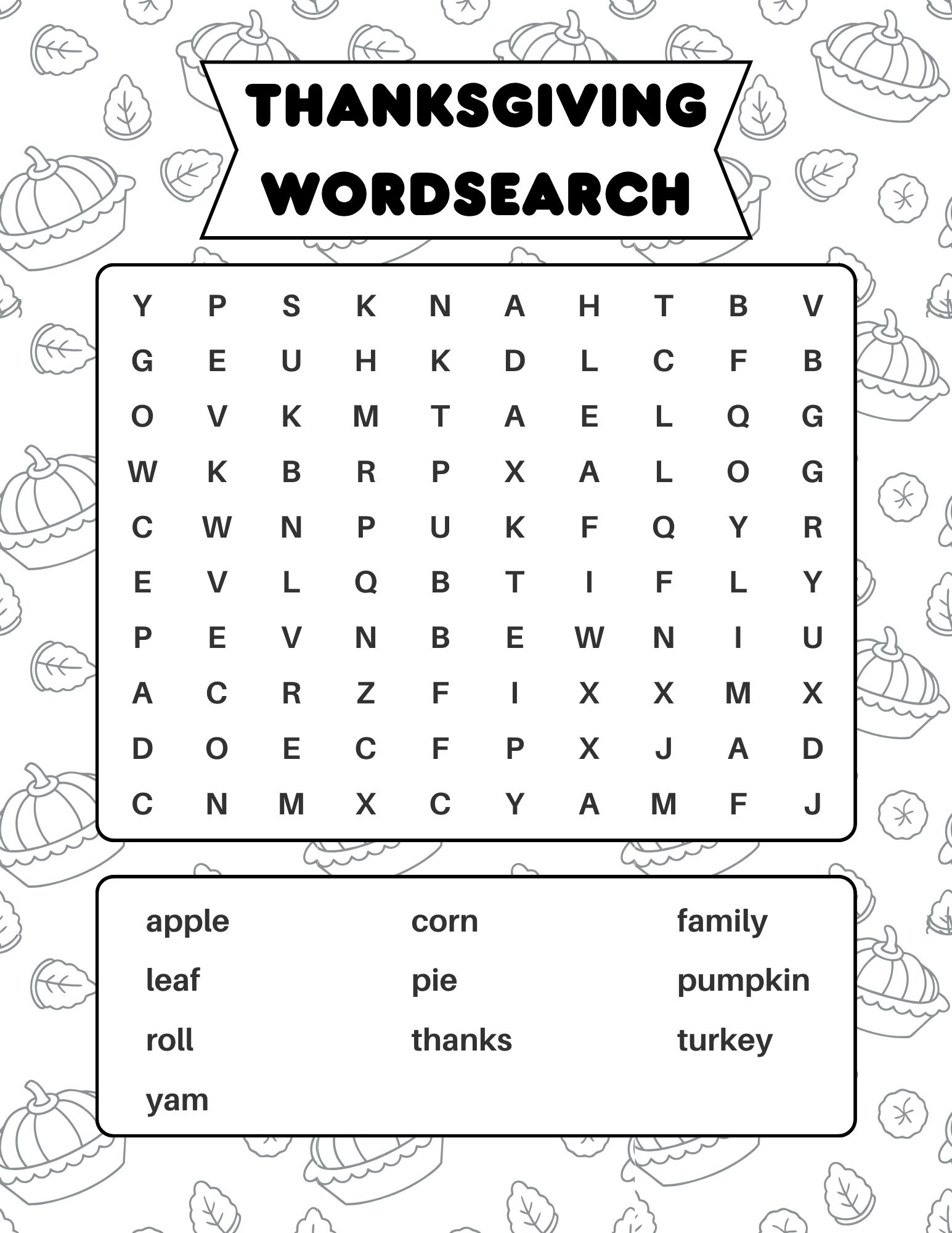 Easy Thanksgiving word search for kids, 10-word grid with apple, corn, pie and turkey