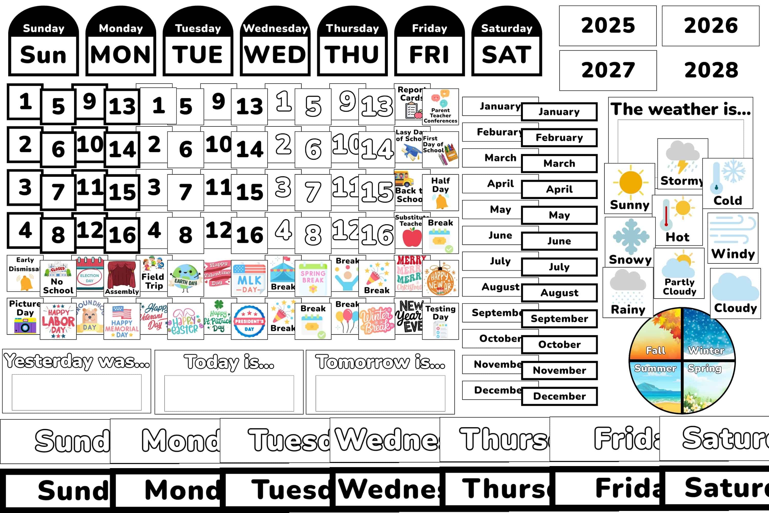 Black and white printable classroom clanedar kit.