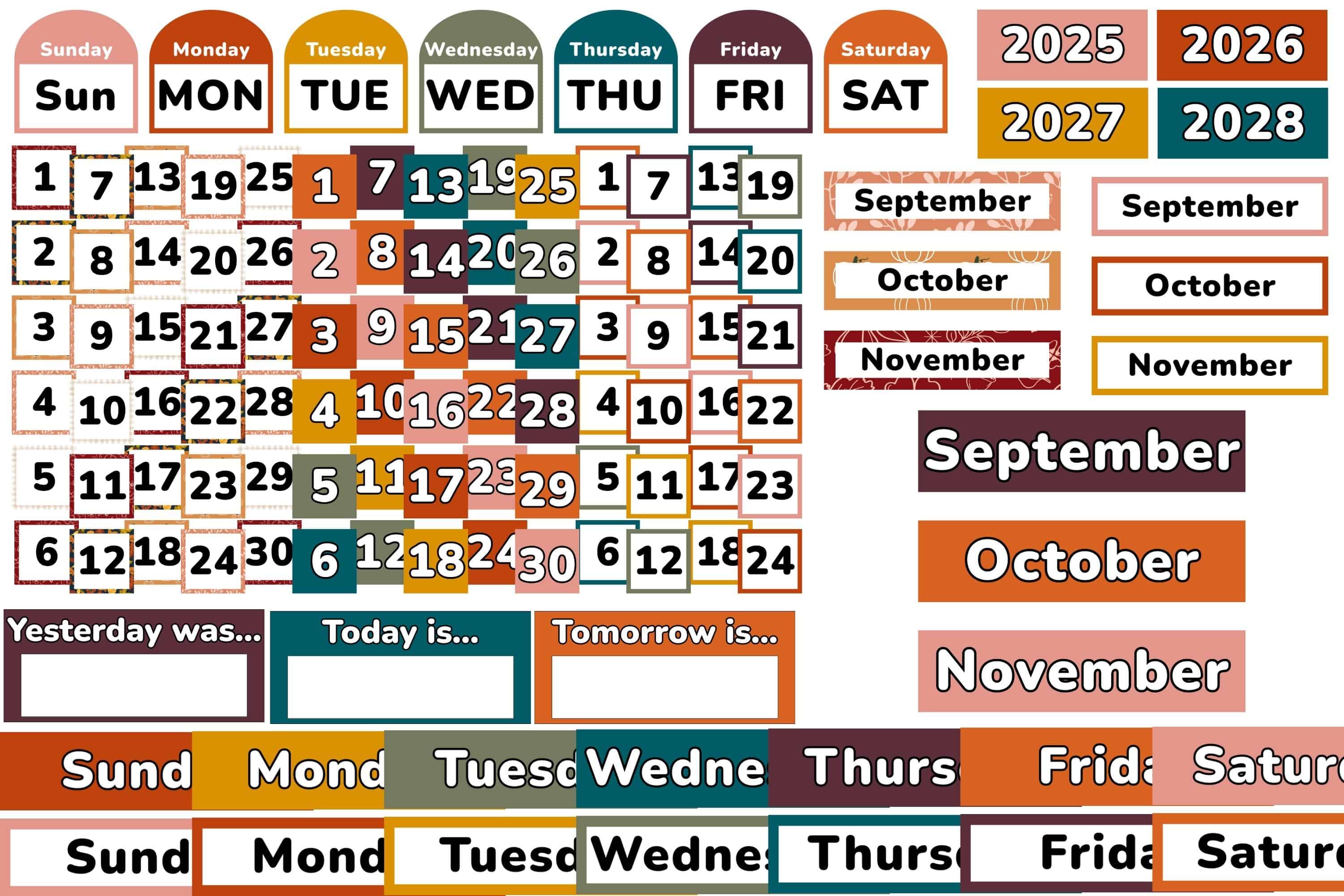 Fall themed printable classroom calendar kit.