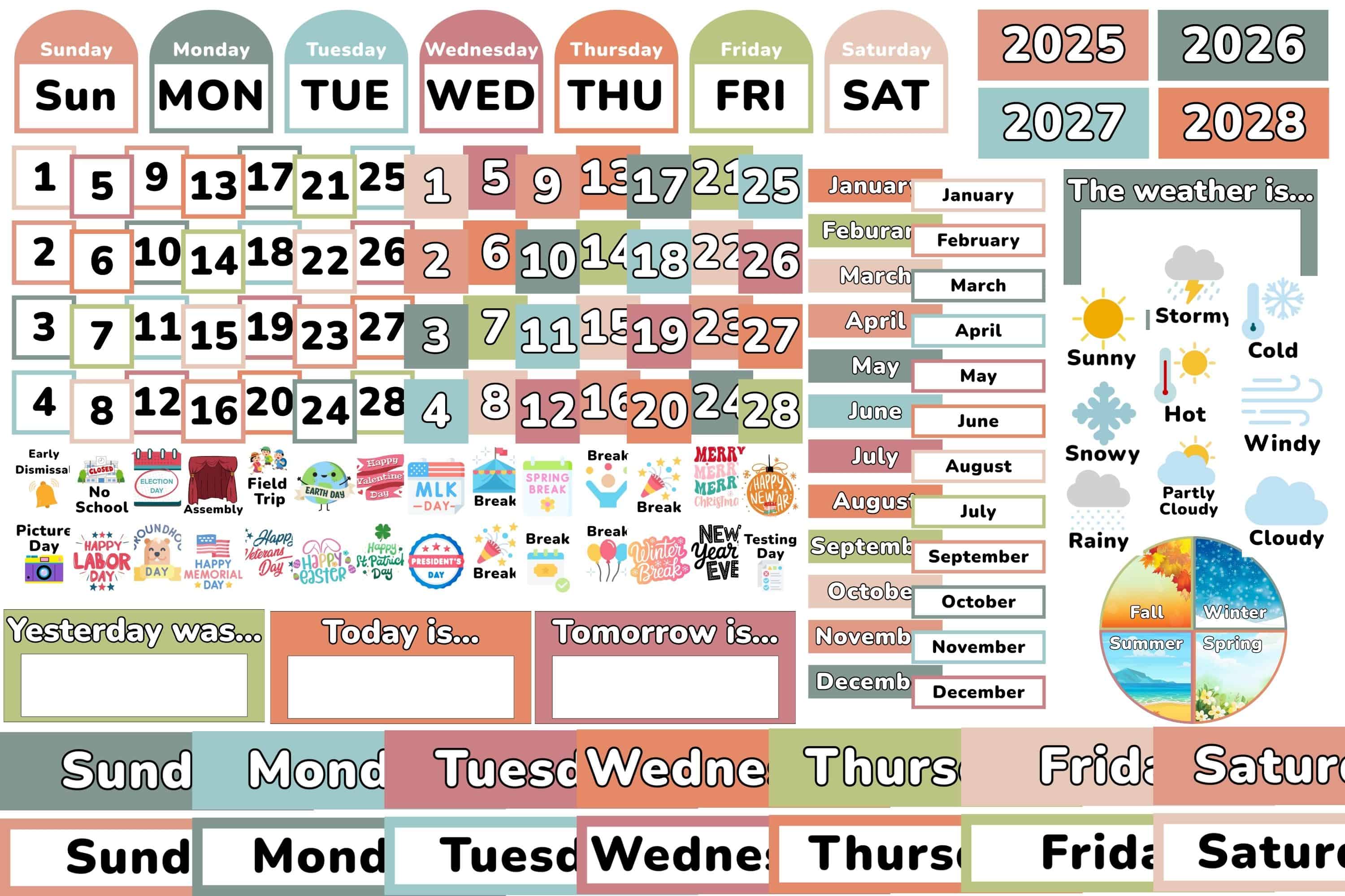 Muted color scheme printable classroom wall calendar. 