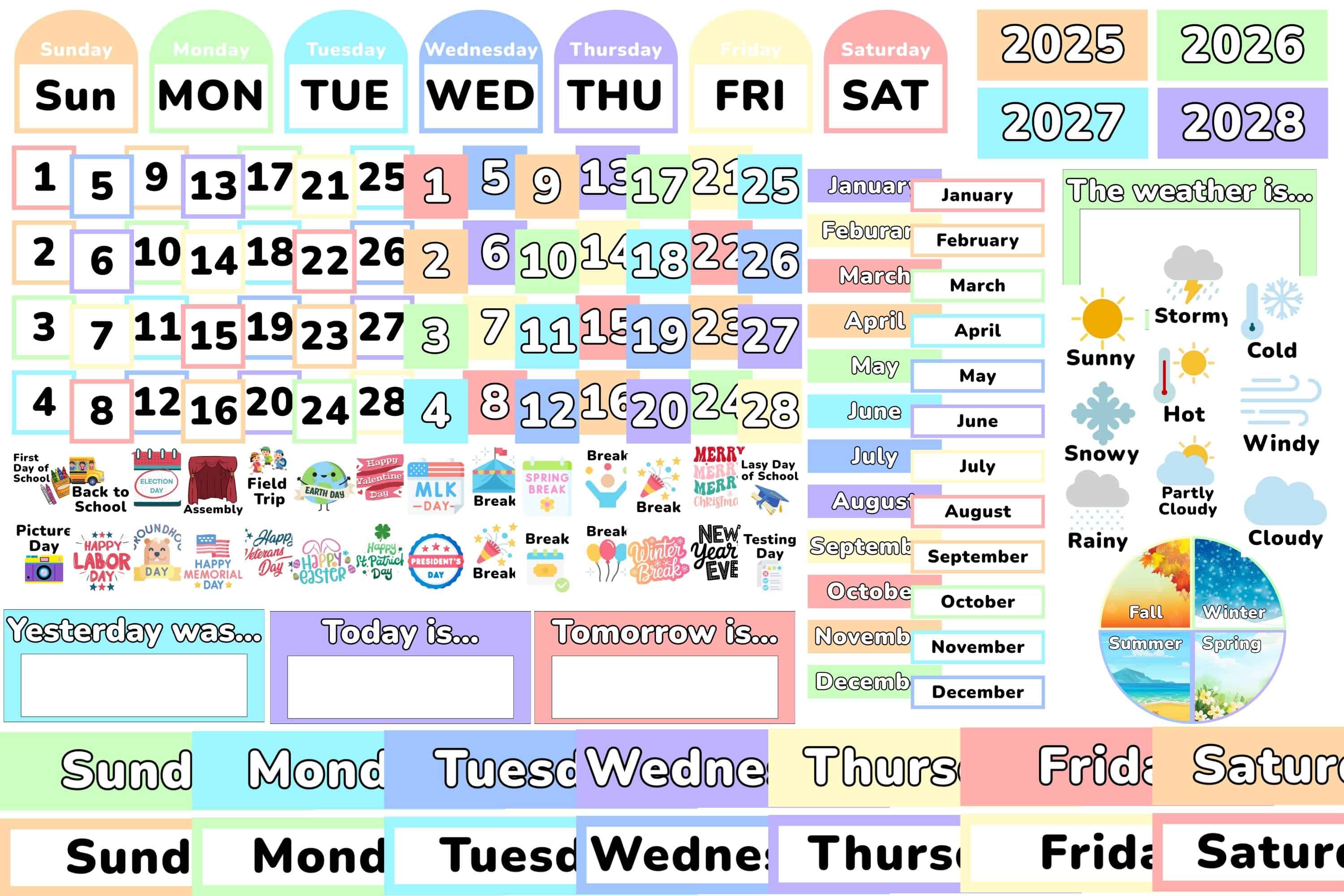 Printable pastel classroom calendar kit. 