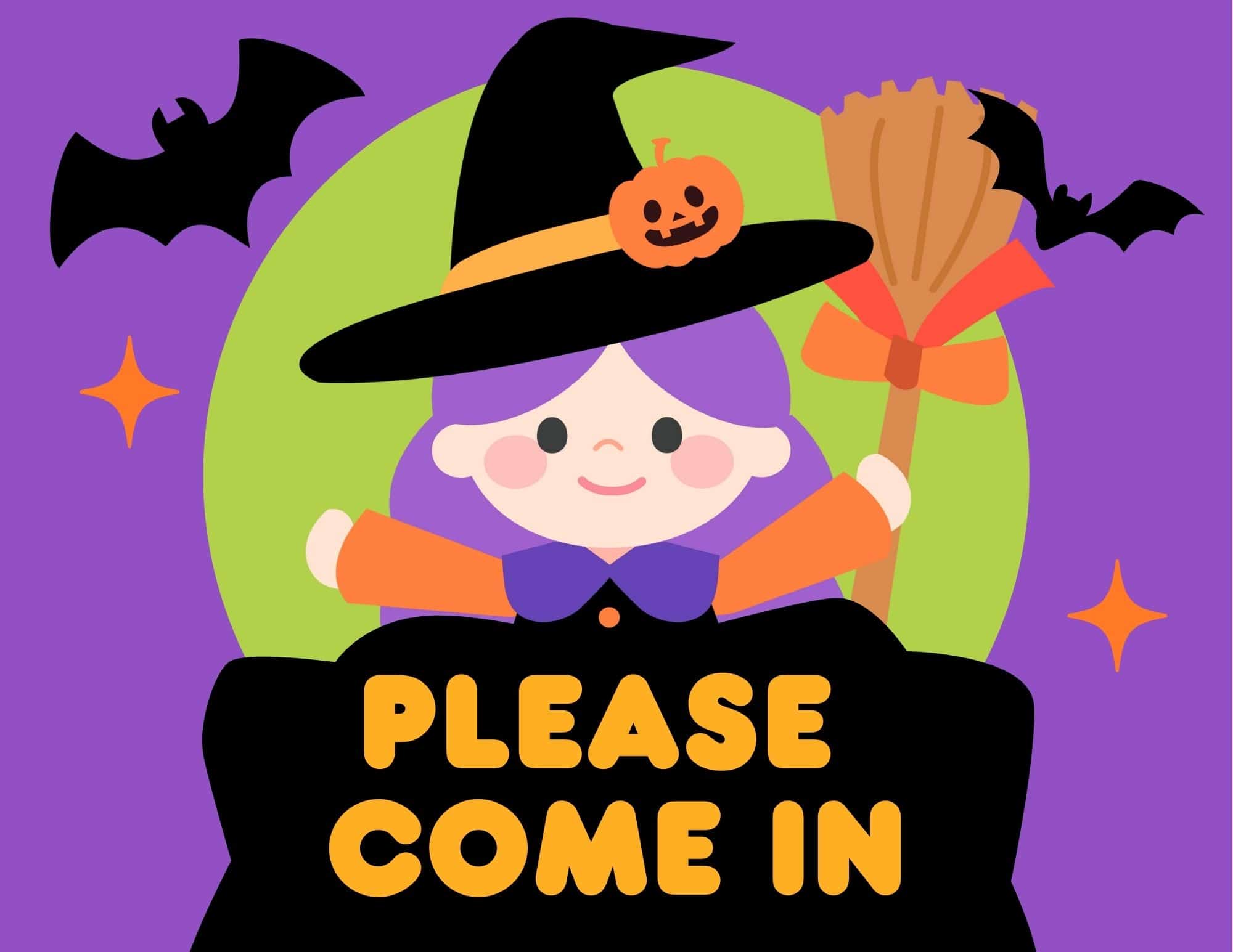 Printable sign that says Please Come In with Halloween art