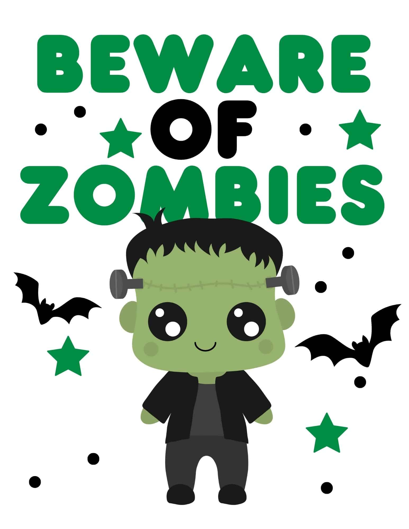 Printable sign with the words Beware of Zombies and star symbol