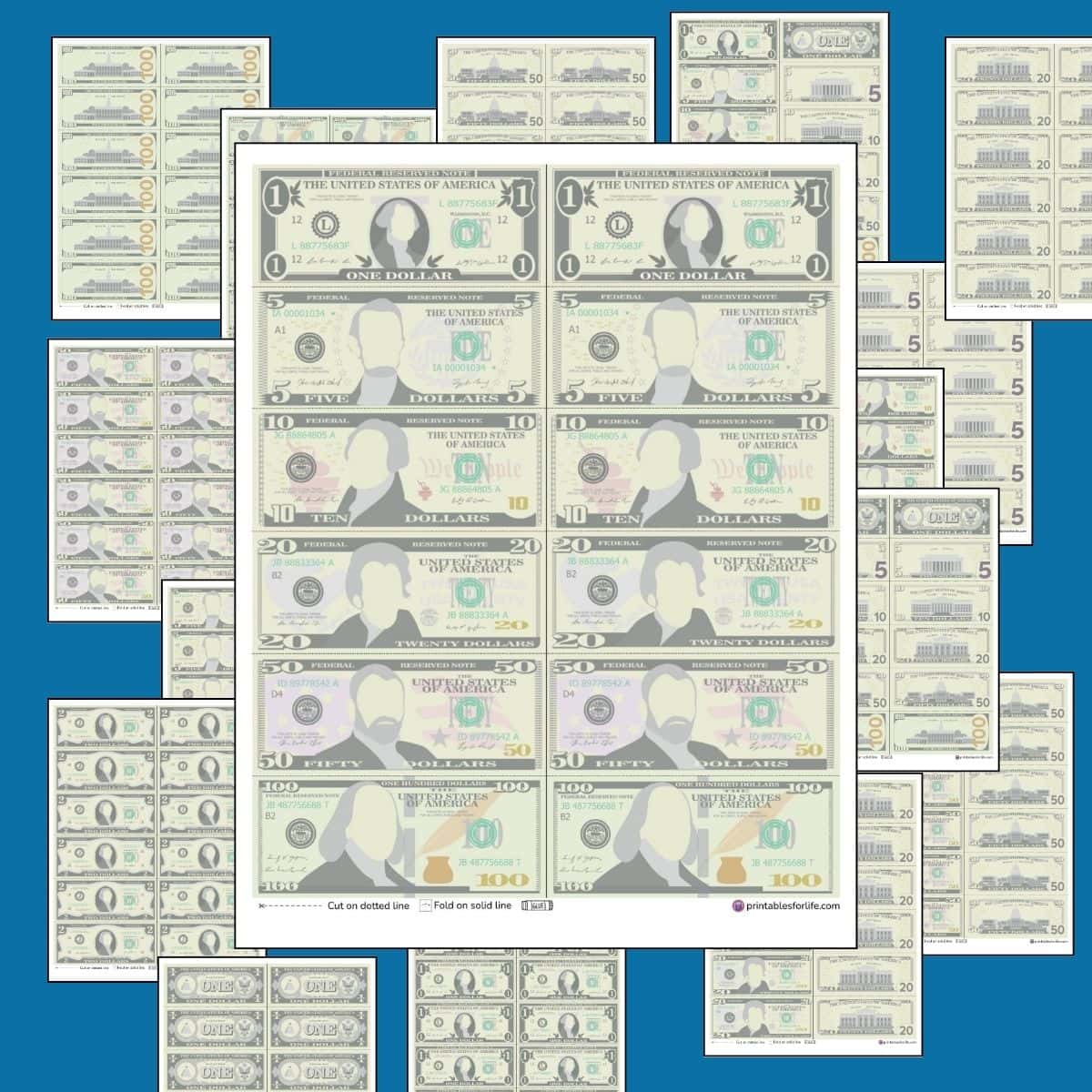 Printable one dollar bills with front and back designs