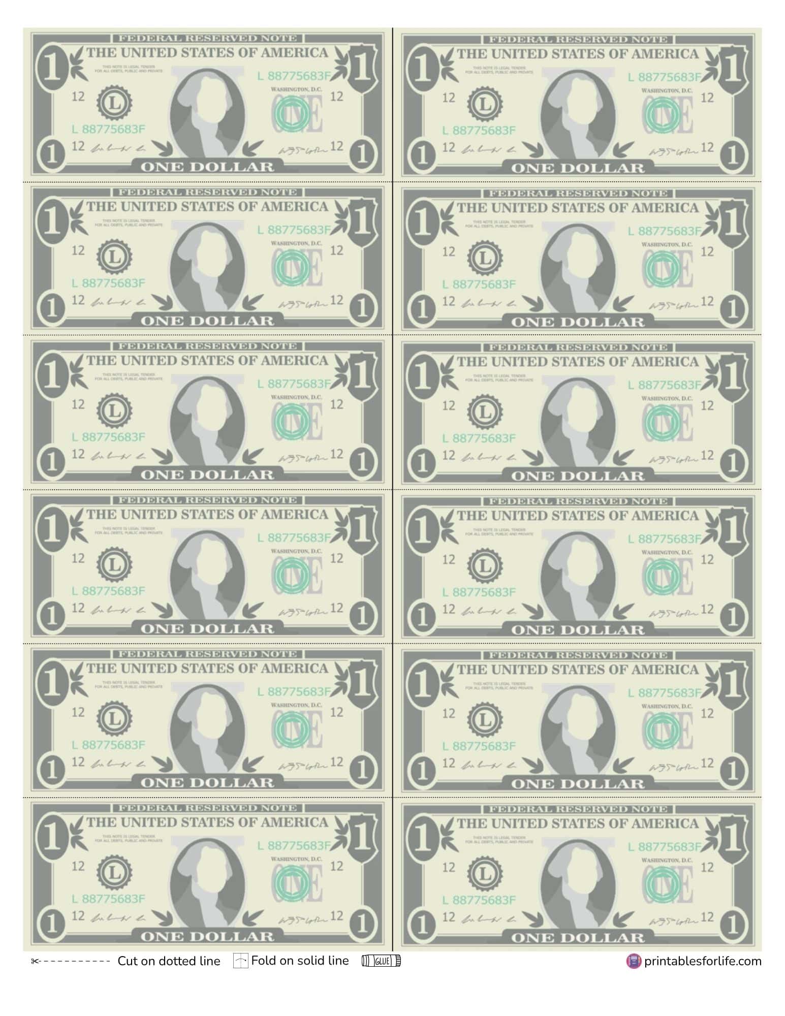 Printable one dollar bills with cut and fold lines