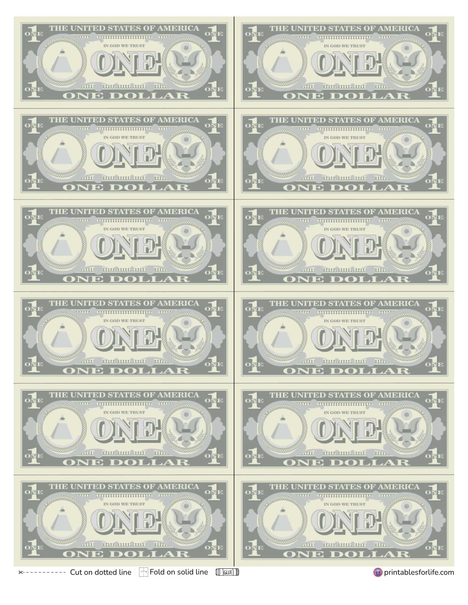 Printable one dollar bills with repeated designs