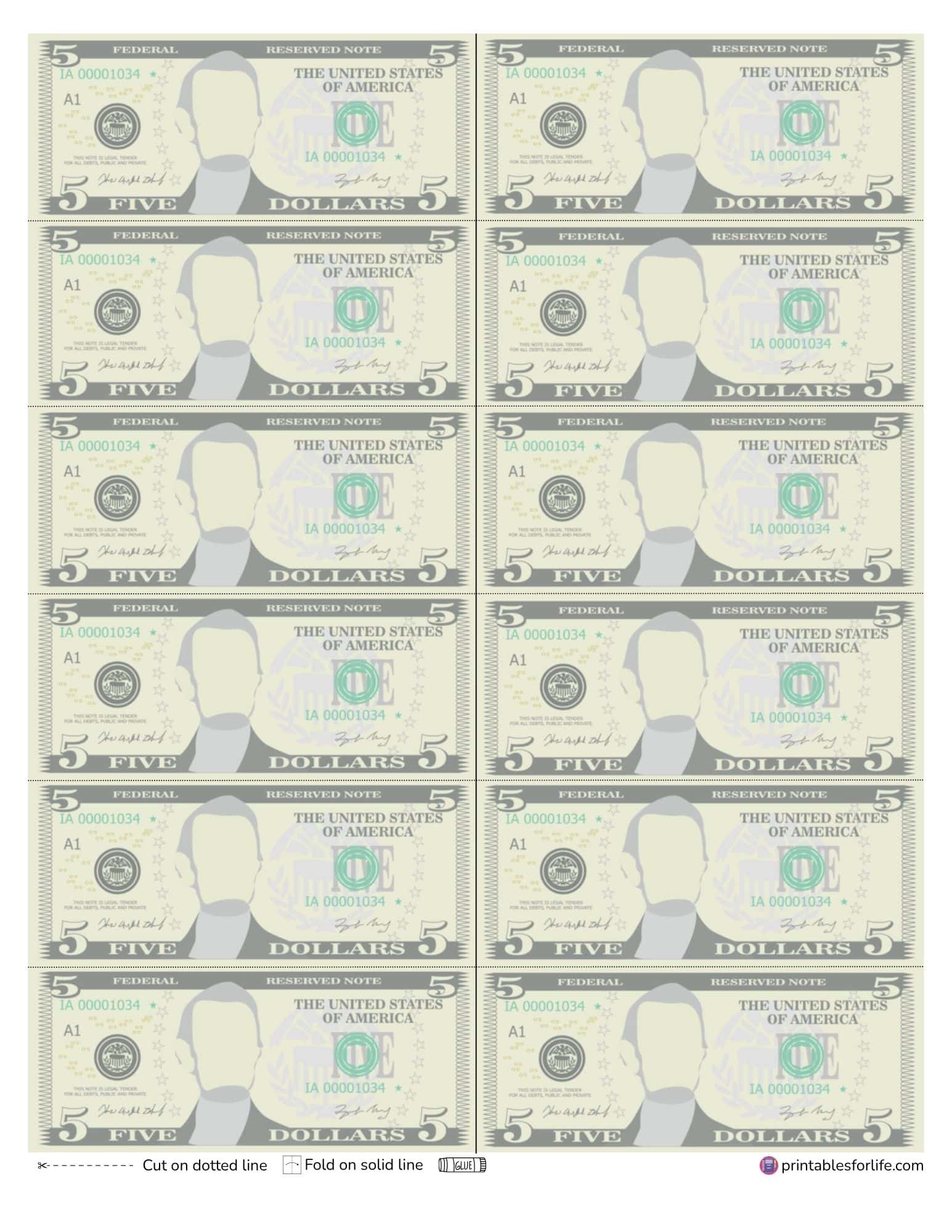 Printable five dollar bills with realistic layout