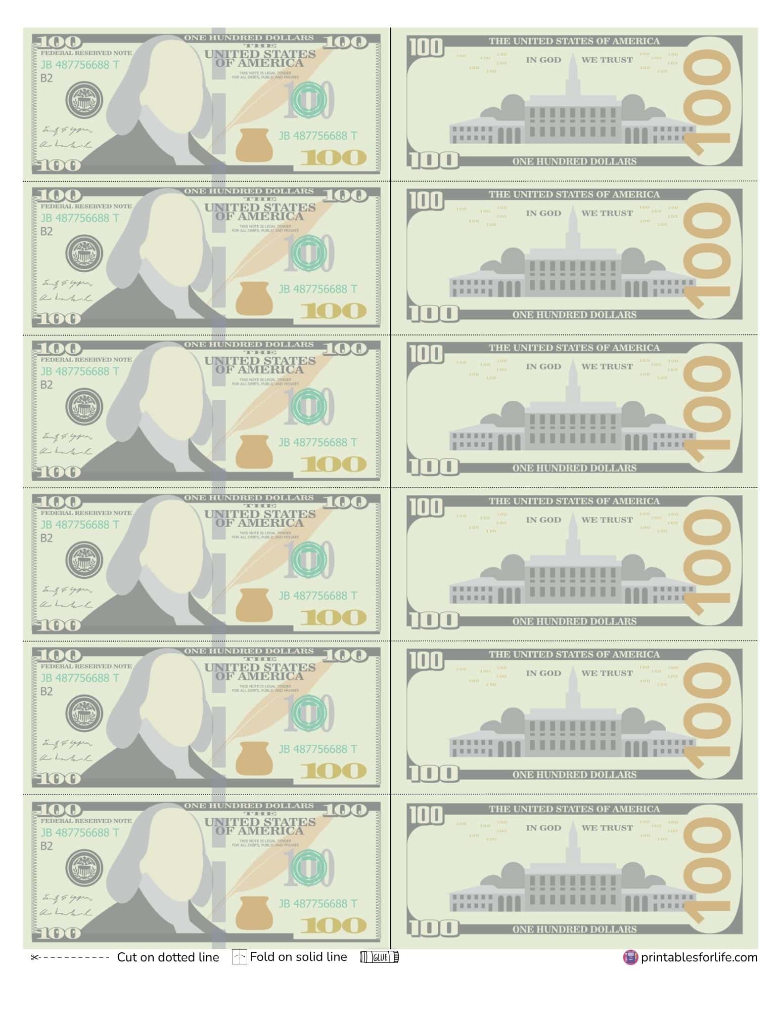 Printable one hundred dollar bills in actual size
