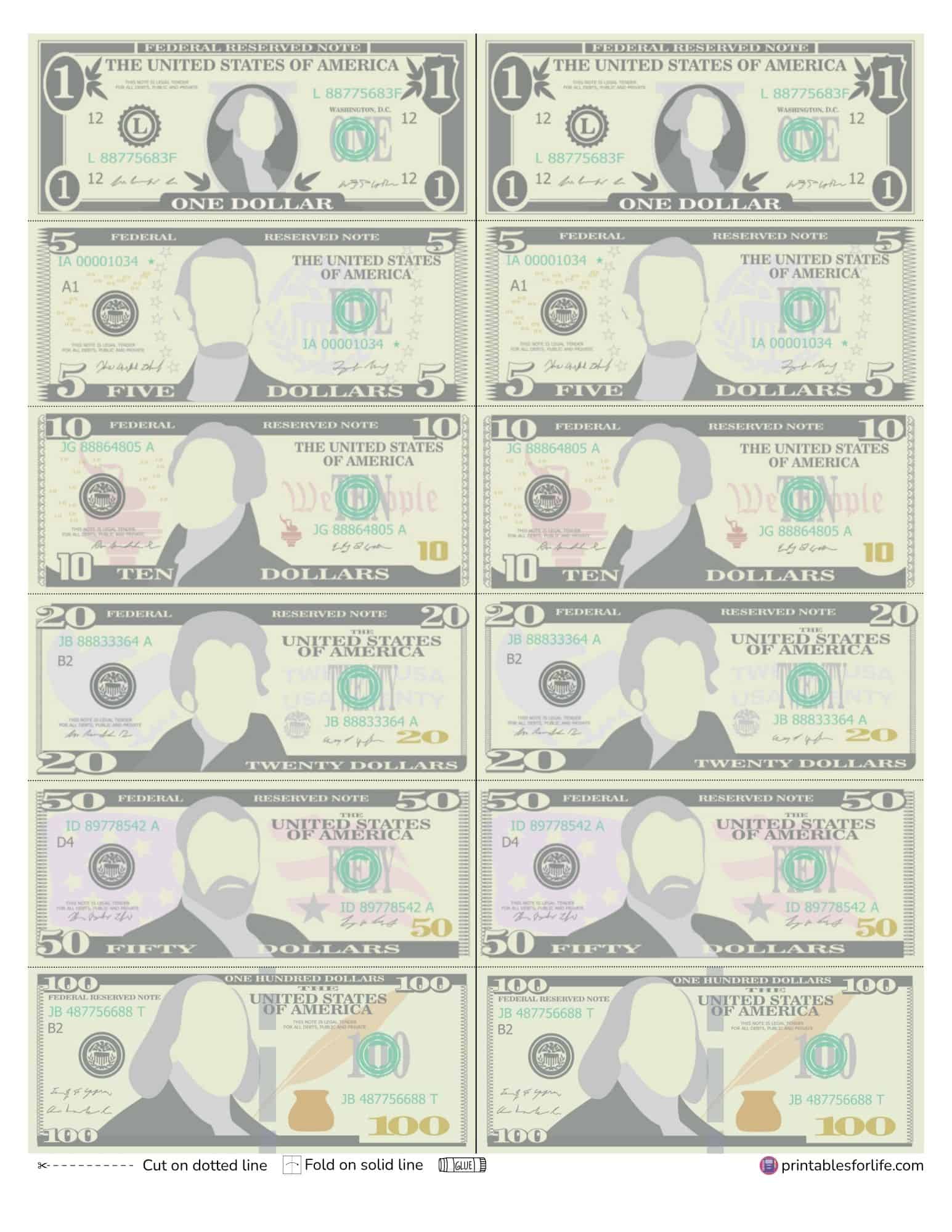 Printable U.S. bills from $1 to $100 on one sheet