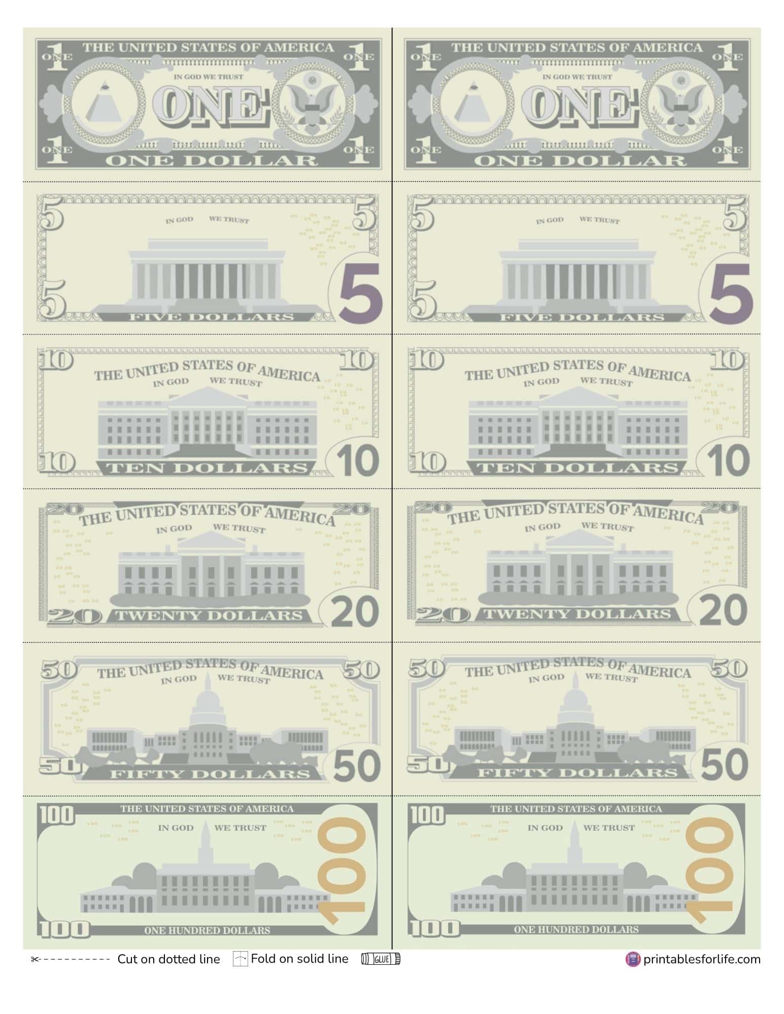 Printable U.S. bills with denominations from $1 to $100